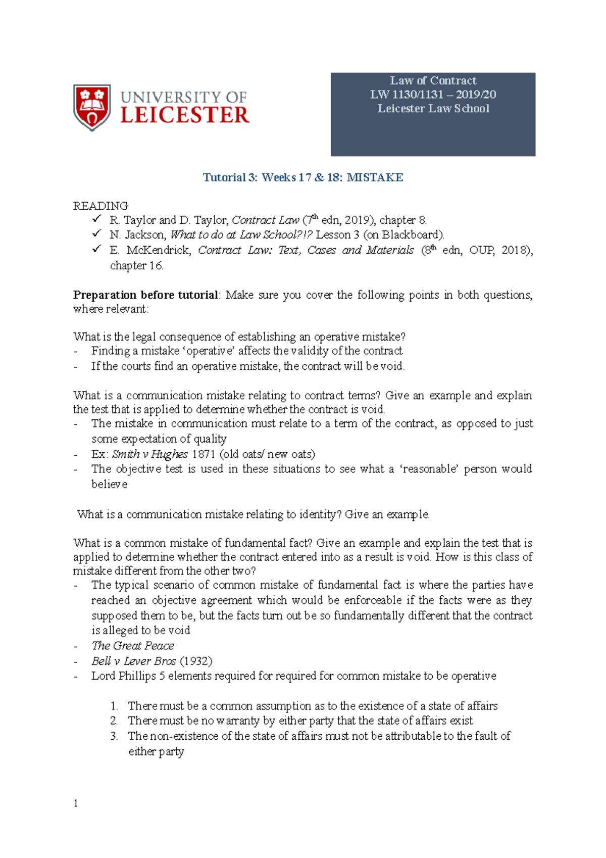 Tutorial 3 - Mistake - Law Of Contract LW 1130/1131 – 2019/ Leicester ...