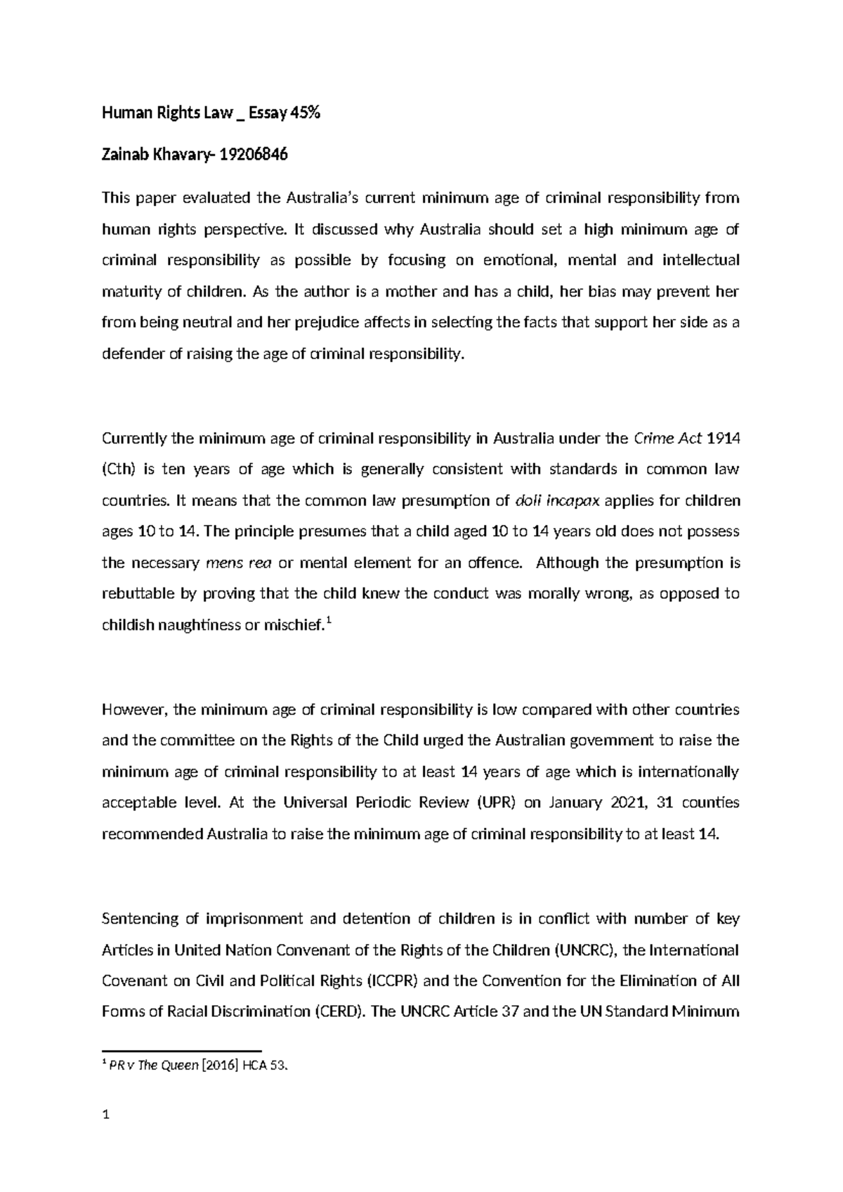 Final Assignment- Human Rights - Human Rights Law _ Essay 45% Zainab ...