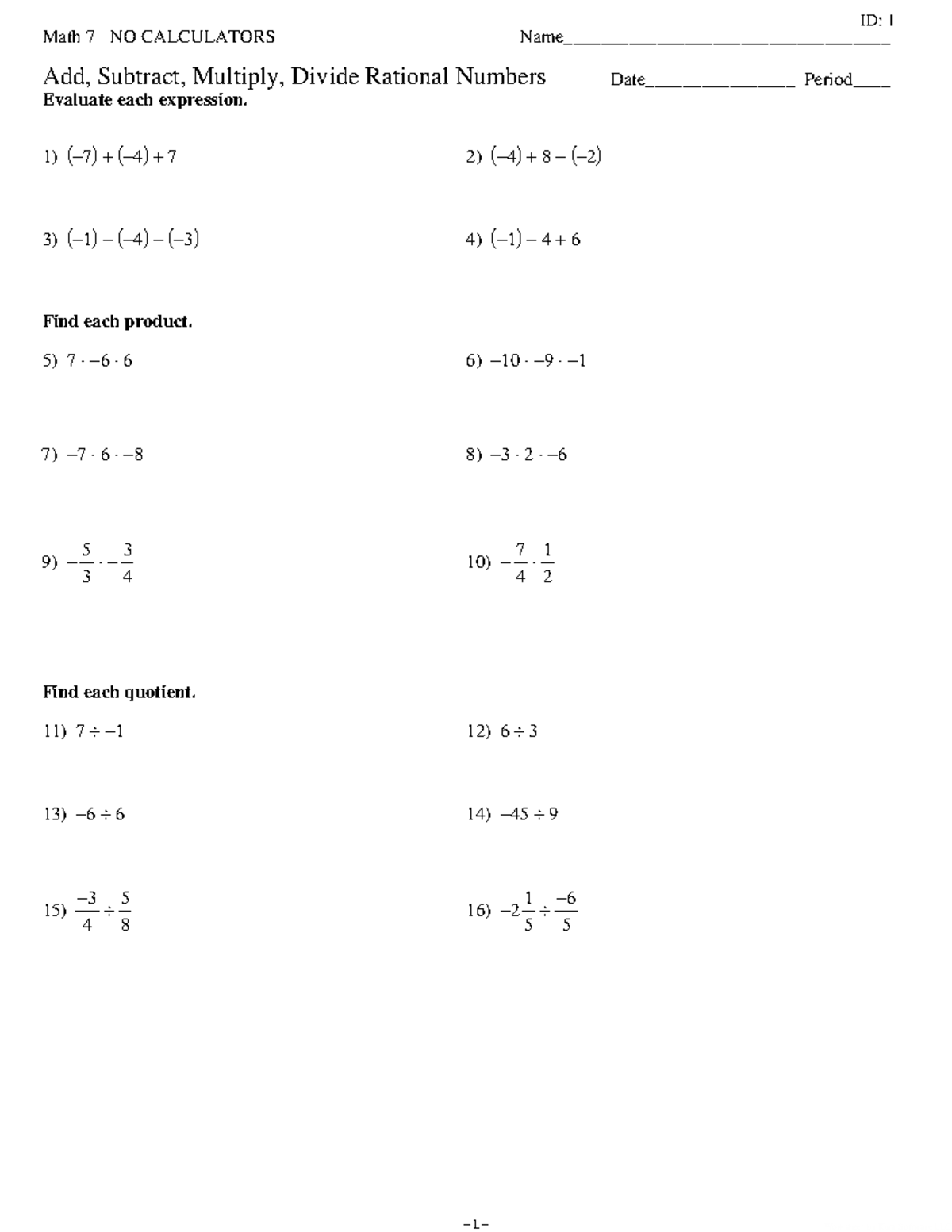 7th grade summer practice - Worksheet by Kuta Software LLC ####### Math ...