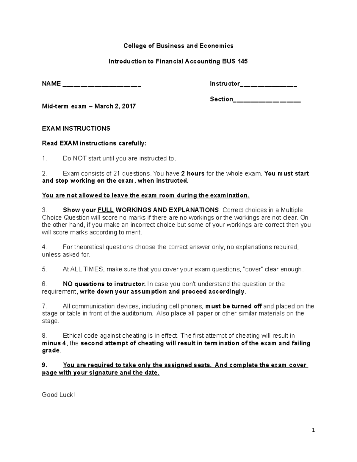 Financial Accounting Midterm Exam sample - Introduction to Financial ...