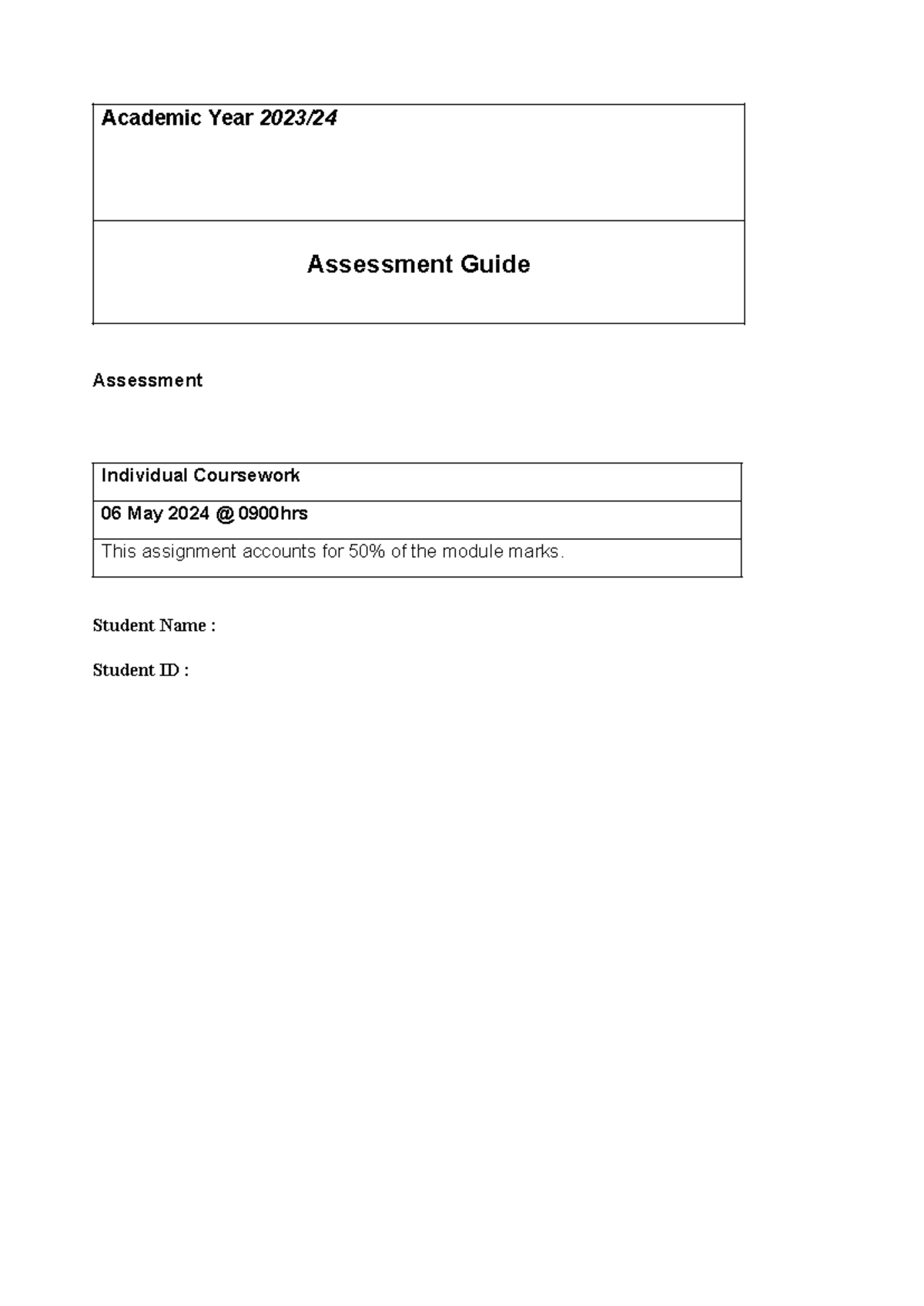 Managerial accounti - Academic Year 2023/ Assessment Guide Assessment ...