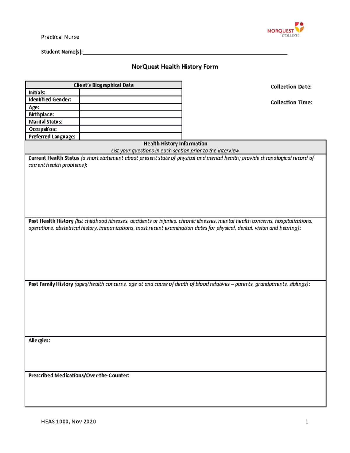 HEAS 1000 Health History Assignment Form-Revised Winter 2021 - Student ...