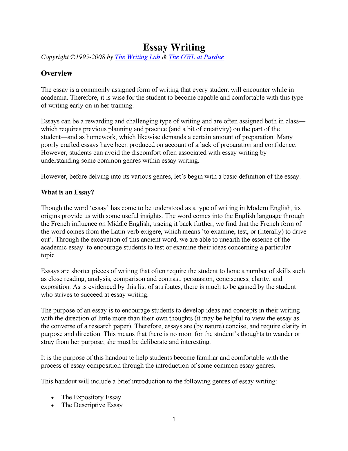 Assay Writing - Essay Writing Copyright ©1995-2008 by The Writing Lab ...