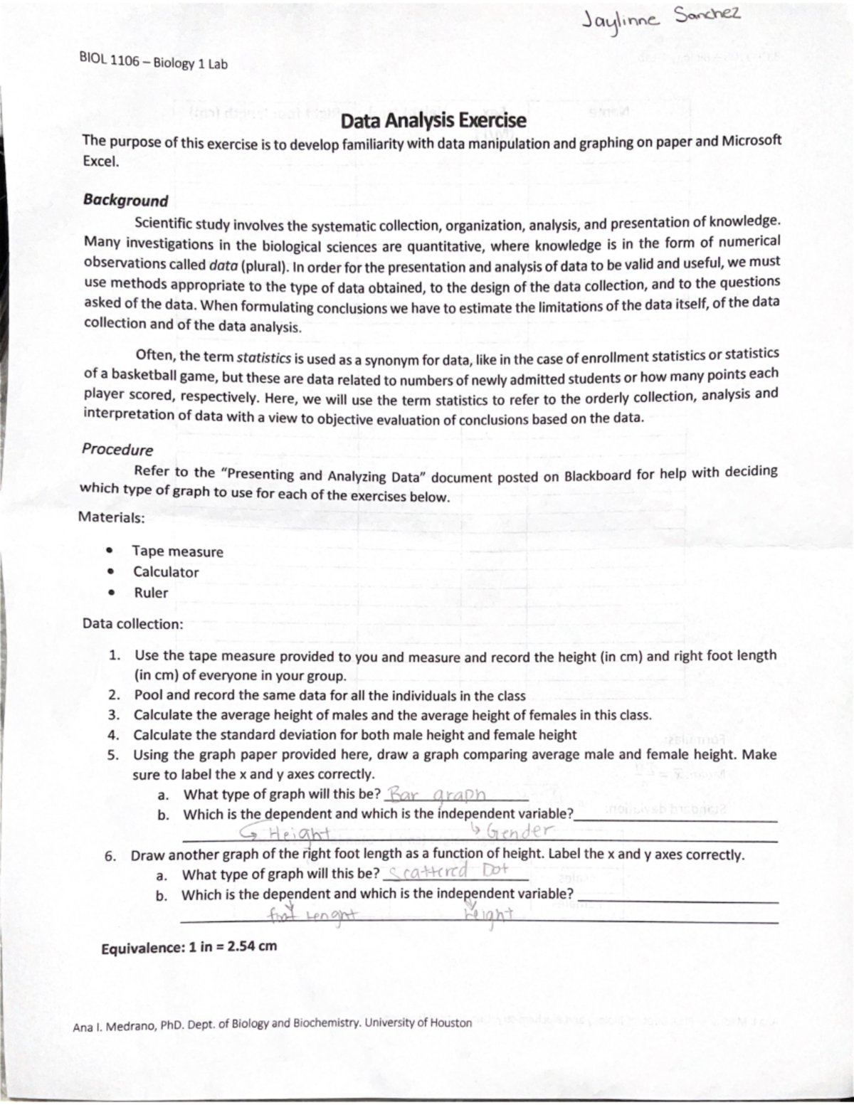 Data Analysis Work Lab Course work, and fill in blank BIOL 1106