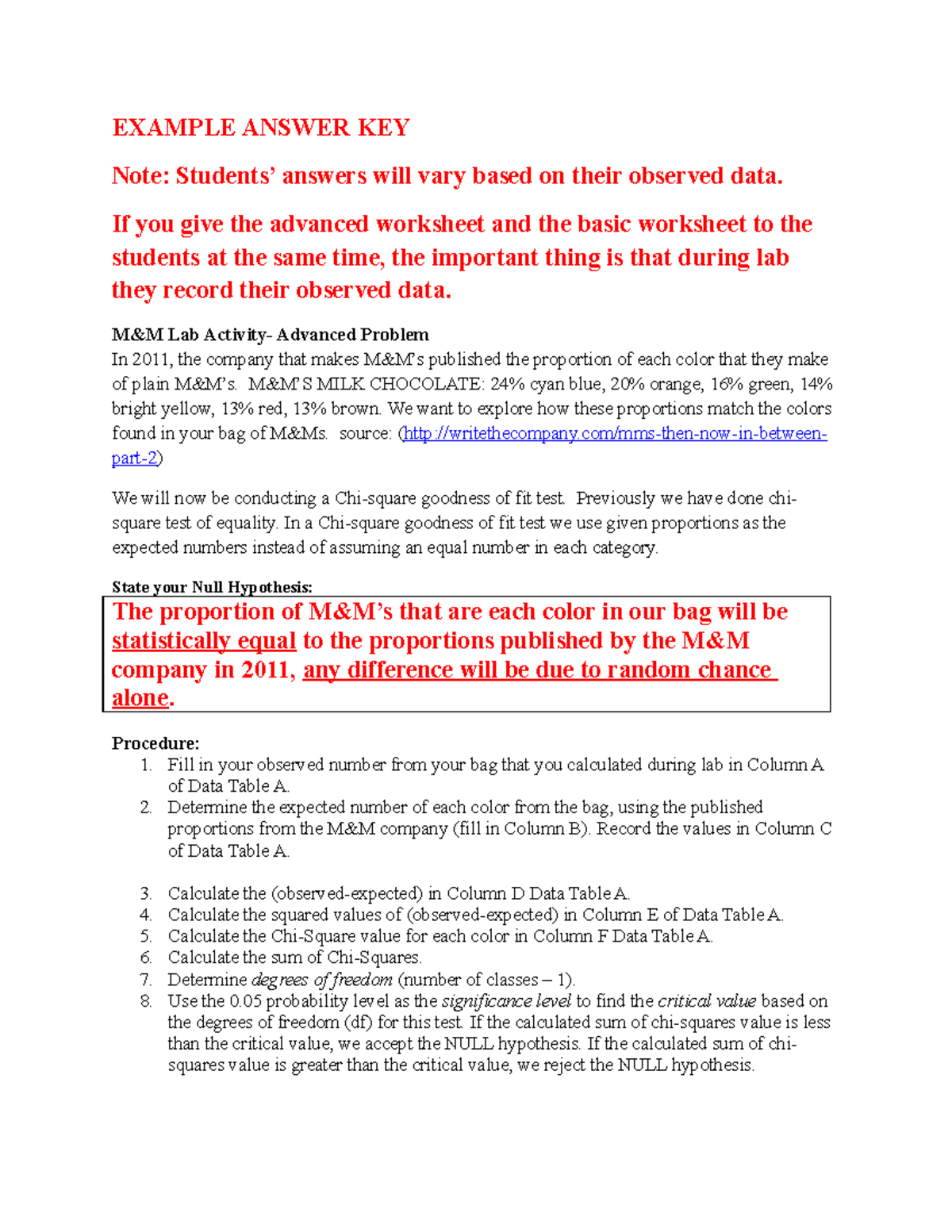 Chisquare mm advanced example answer key - EXAMPLE ANSWER KEY Note ...