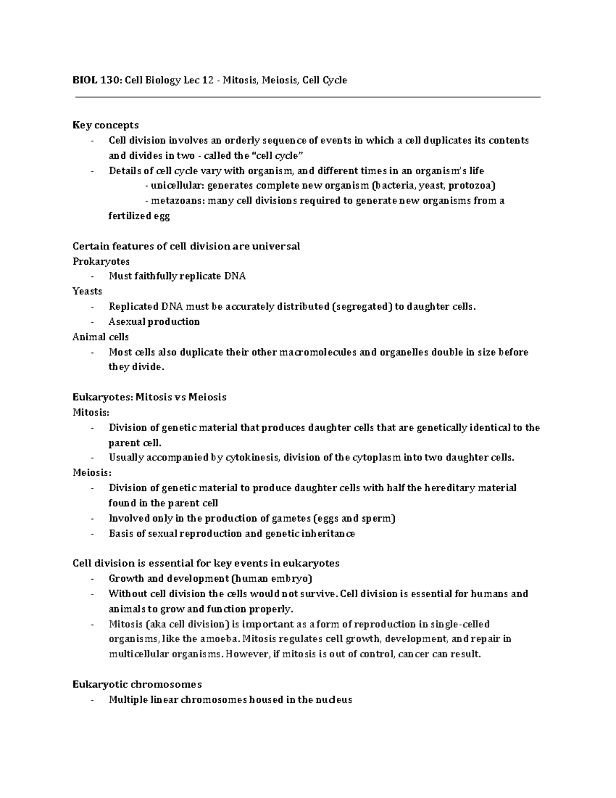 BIOL 130 - Cell Biology Lec 12 - BIOL 130: Cell Biology Lec 12 ...