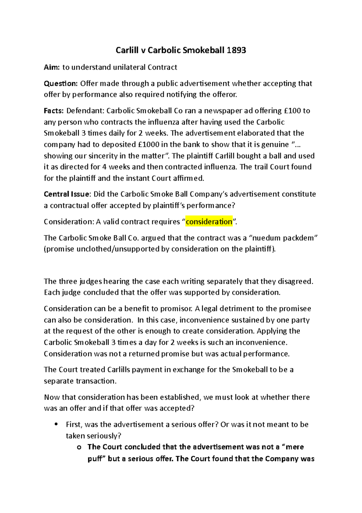 Carlill v Carbolic Smokeball 1893 - Facts: Defendant: Carbolic ...