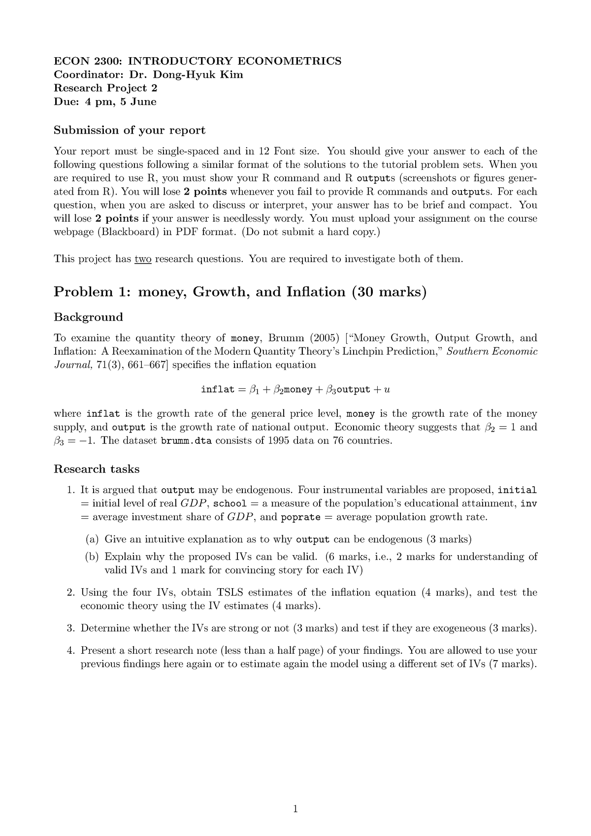 HW2 2023 - Assignment 2 Brief - ECON 2300: INTRODUCTORY ECONOMETRICS ...