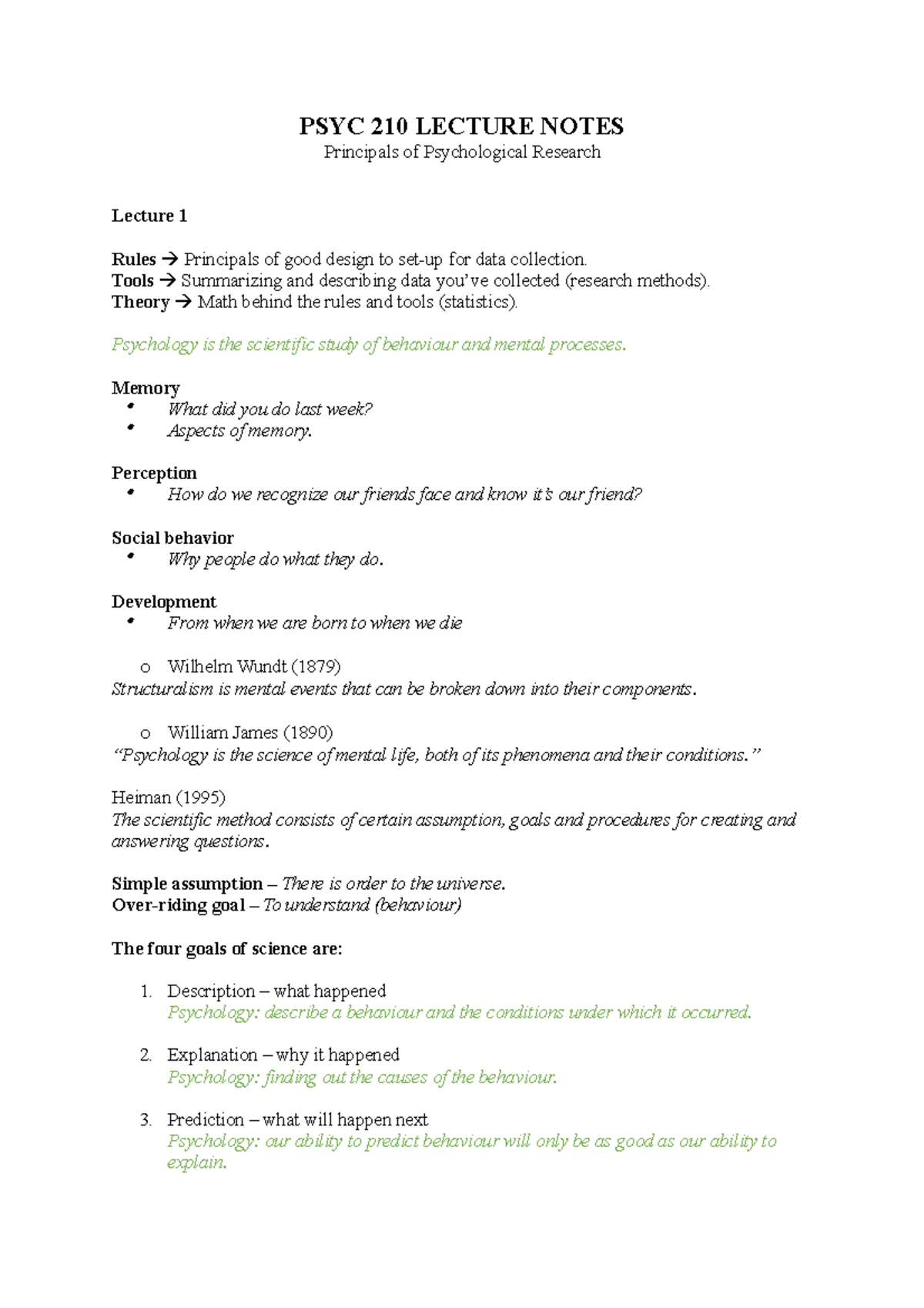 PSYC 210 Lecture Notes - PSYC 210 LECTURE NOTES Principals of ...
