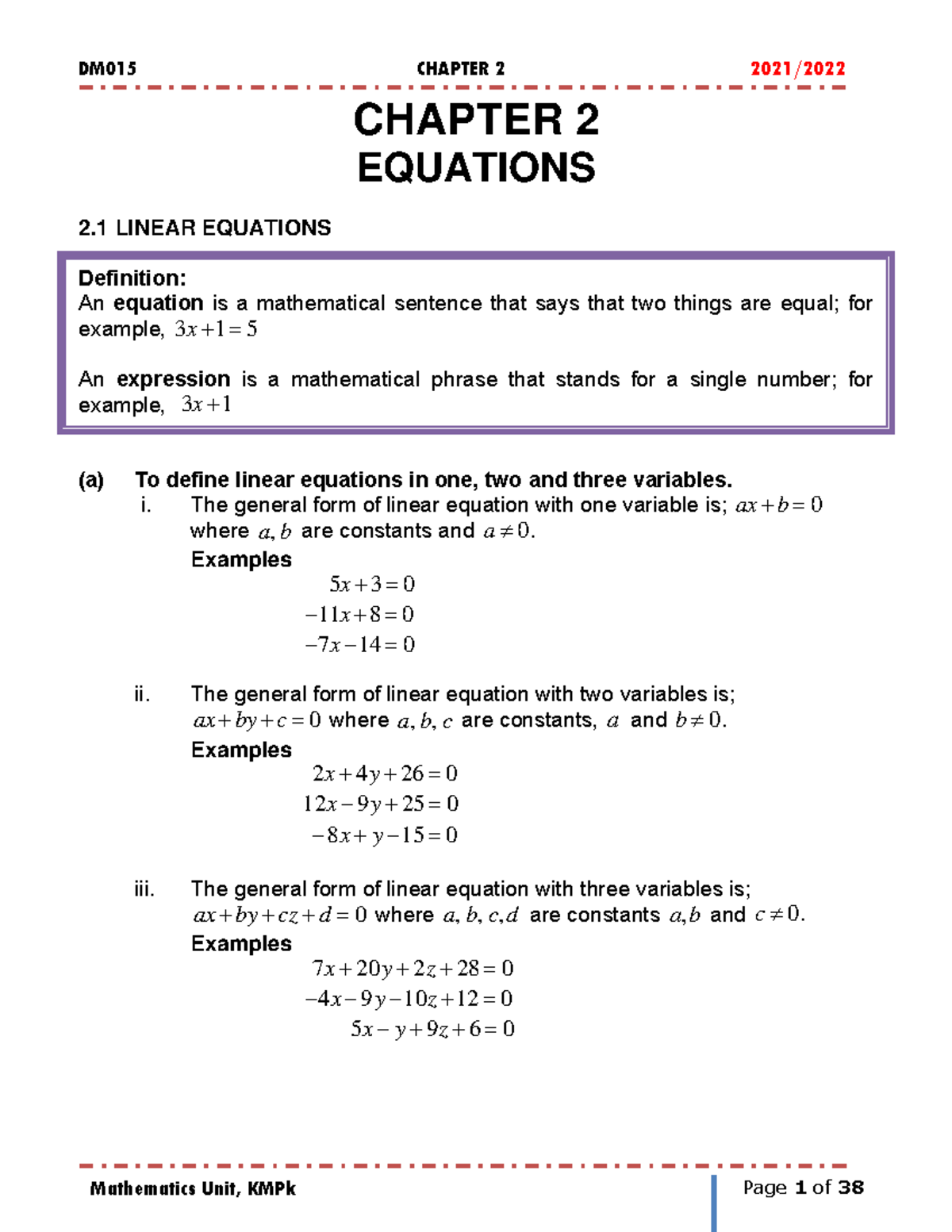Chapter 2 DM015 Equations 2021 - CHAPTER 2 EQUATIONS 2 LINEAR EQUATIONS ...