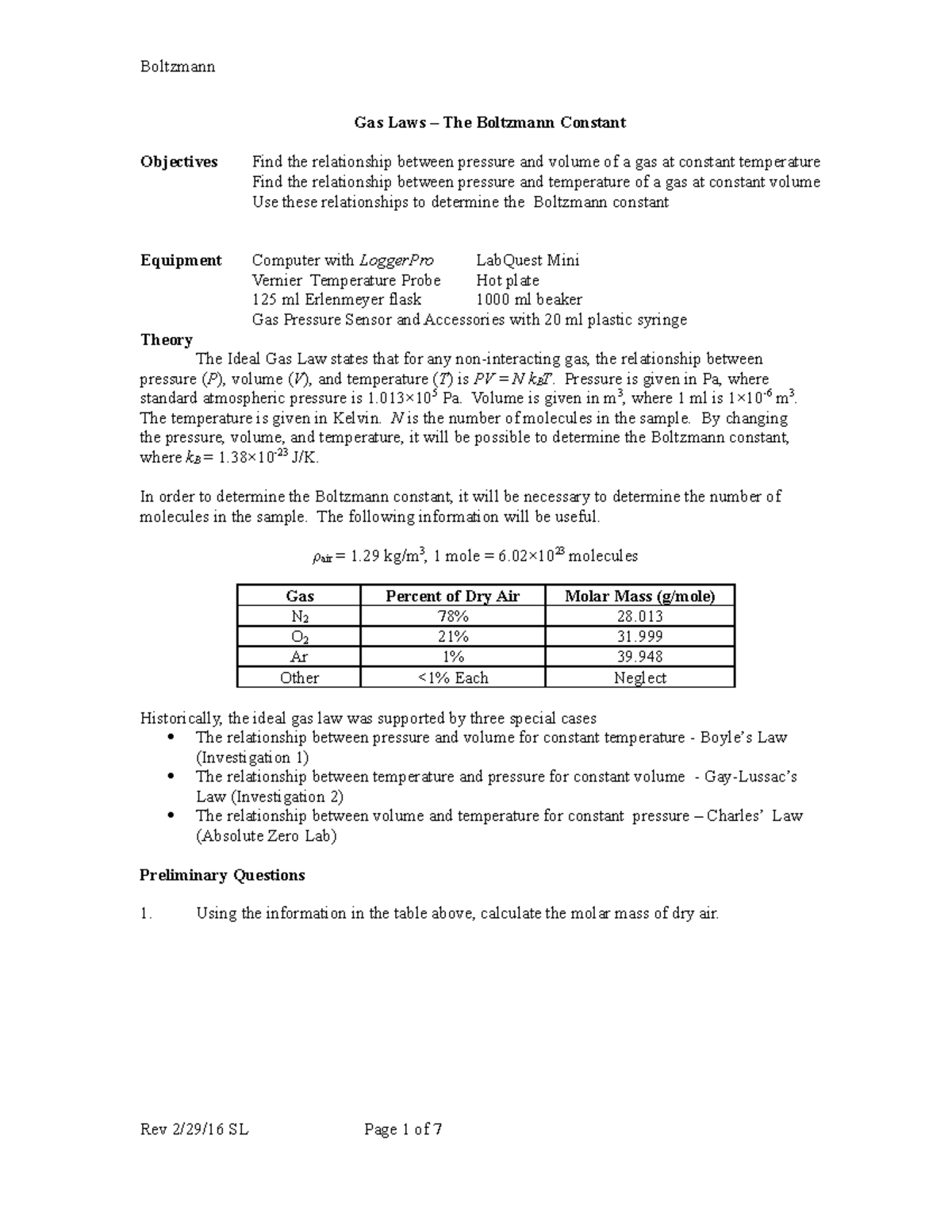 Gas Laws The Boltzmann Constant rev 117 MG Gas Laws The Boltzmann