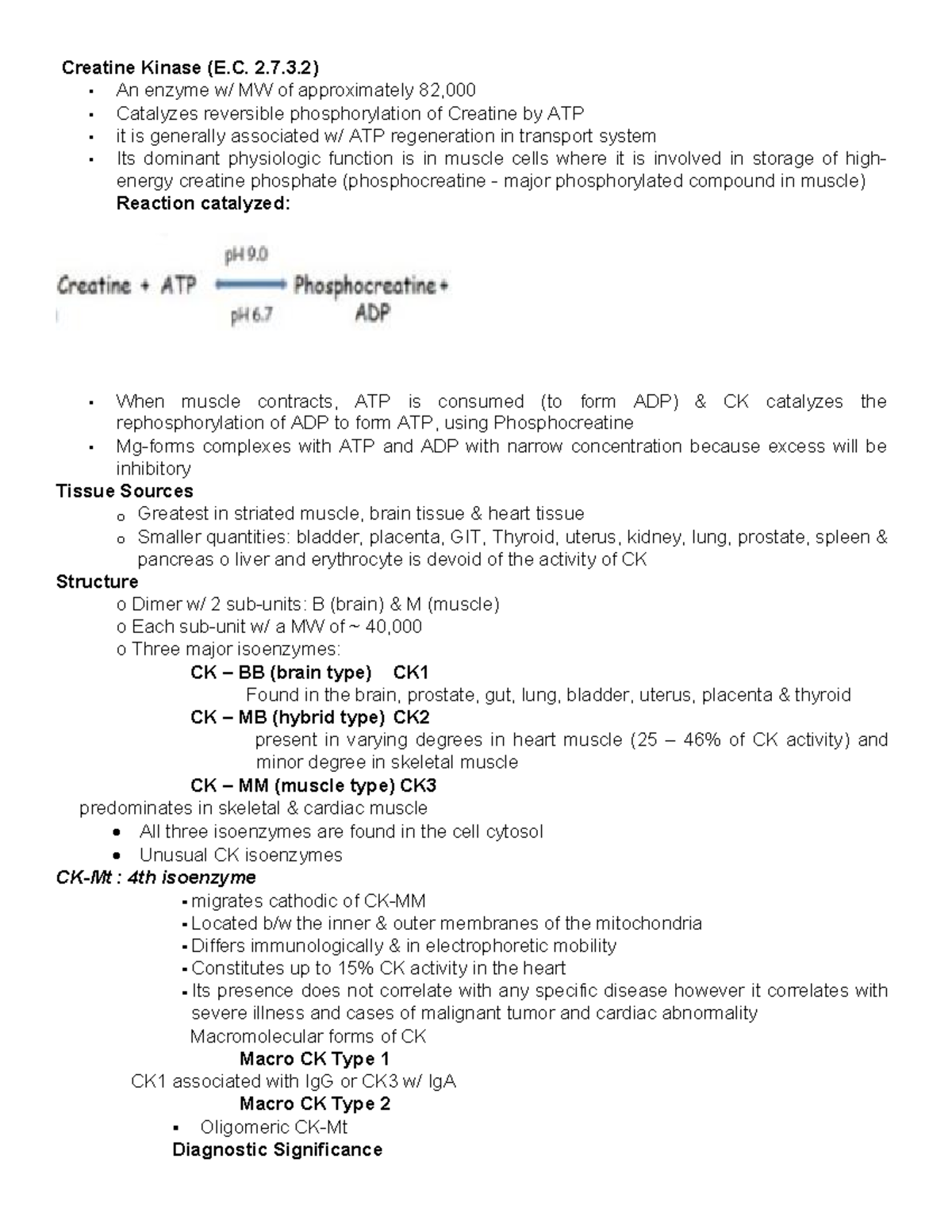 Creatine Kinase - notes - Creatine Kinase (E. 2.7.3) - An enzyme w/ MW ...