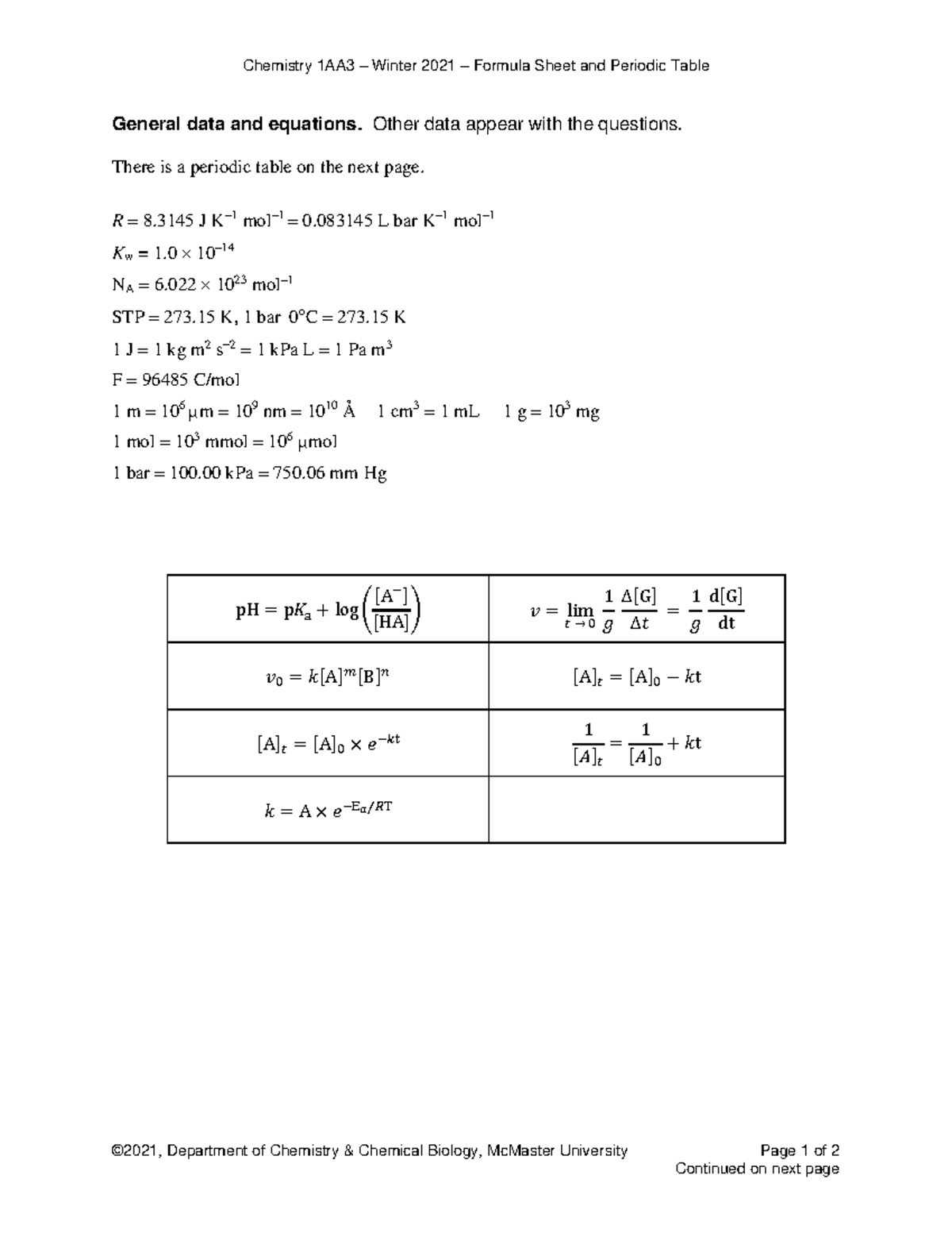 1AA3 Formula Sheet 2021 - Chemistry 1AA3 – Winter 2021 – Formula Sheet ...