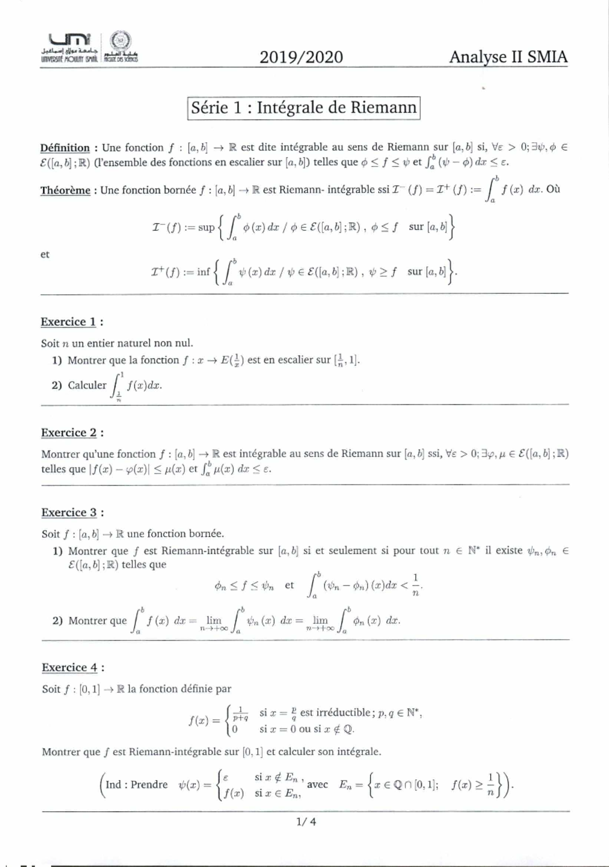 SMIA2 Analyse 2 TD1 Correction Exs 8,9,10,11 et 12 Pr. Med Zitane 19-20 ...