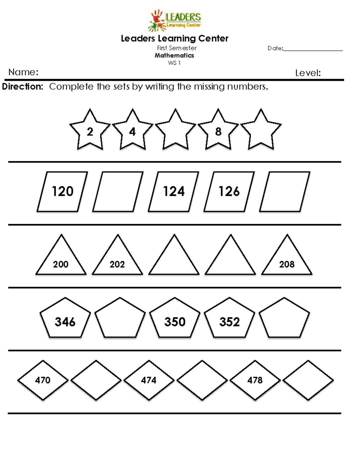 Mathematics Worksheets - First Semester Date ...