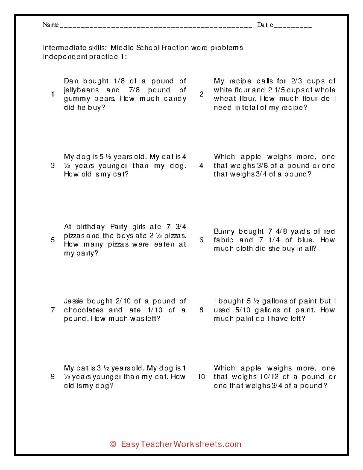 Fractions Assignment - Test - Name 