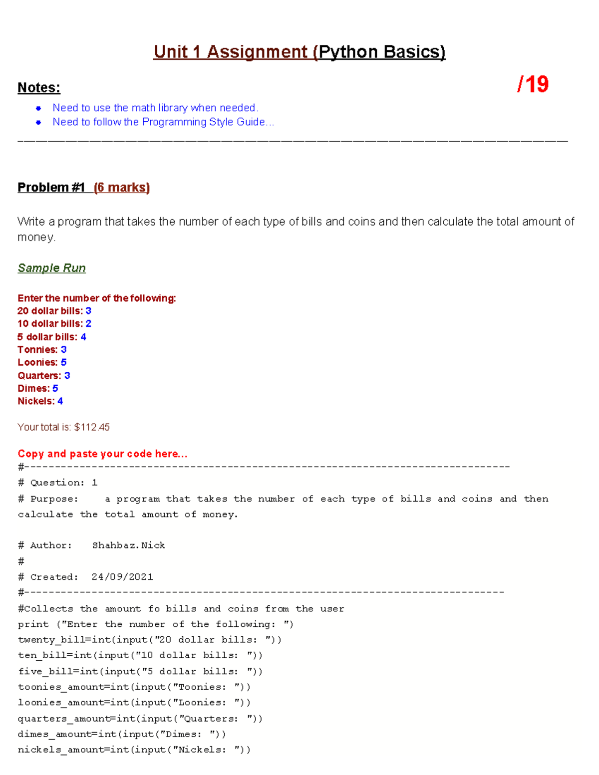 Unit 1Assignment-Sept 2021 - Unit 1 Assignment (Python Basics) Notes ...