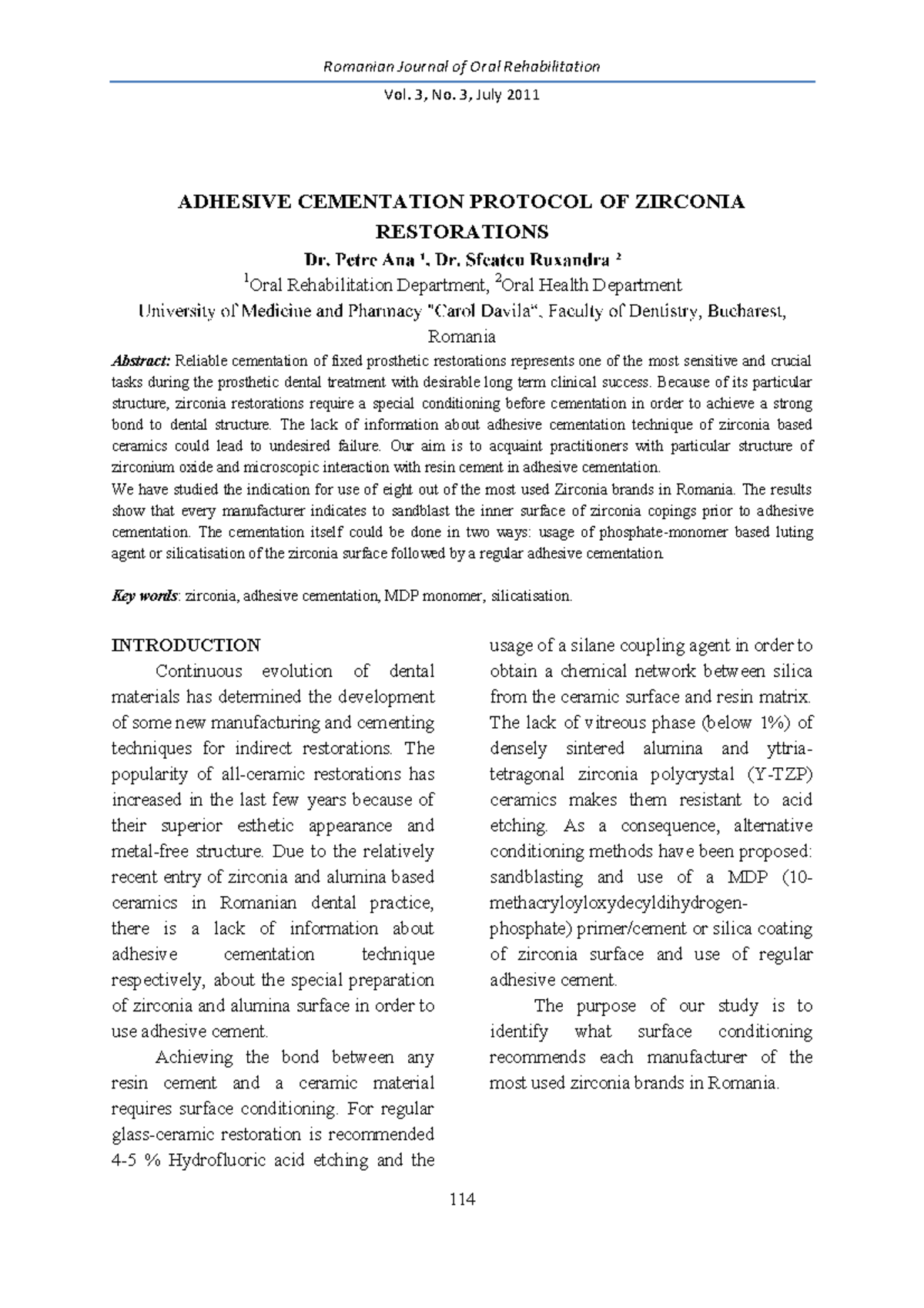 Adhesive Cementation Protocol of Zirconia Restorations Vol. 3, No. 3