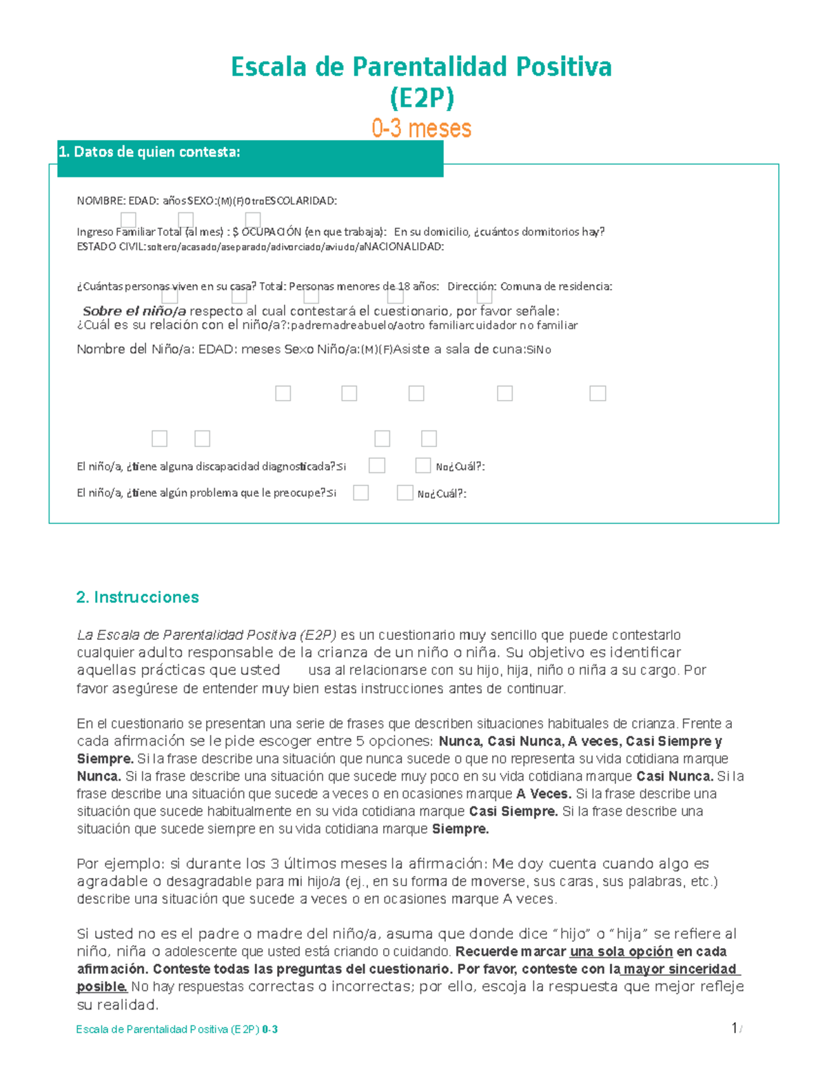 0 a 3 meses - Material evaluación familiar - Escala de Parentalidad ...