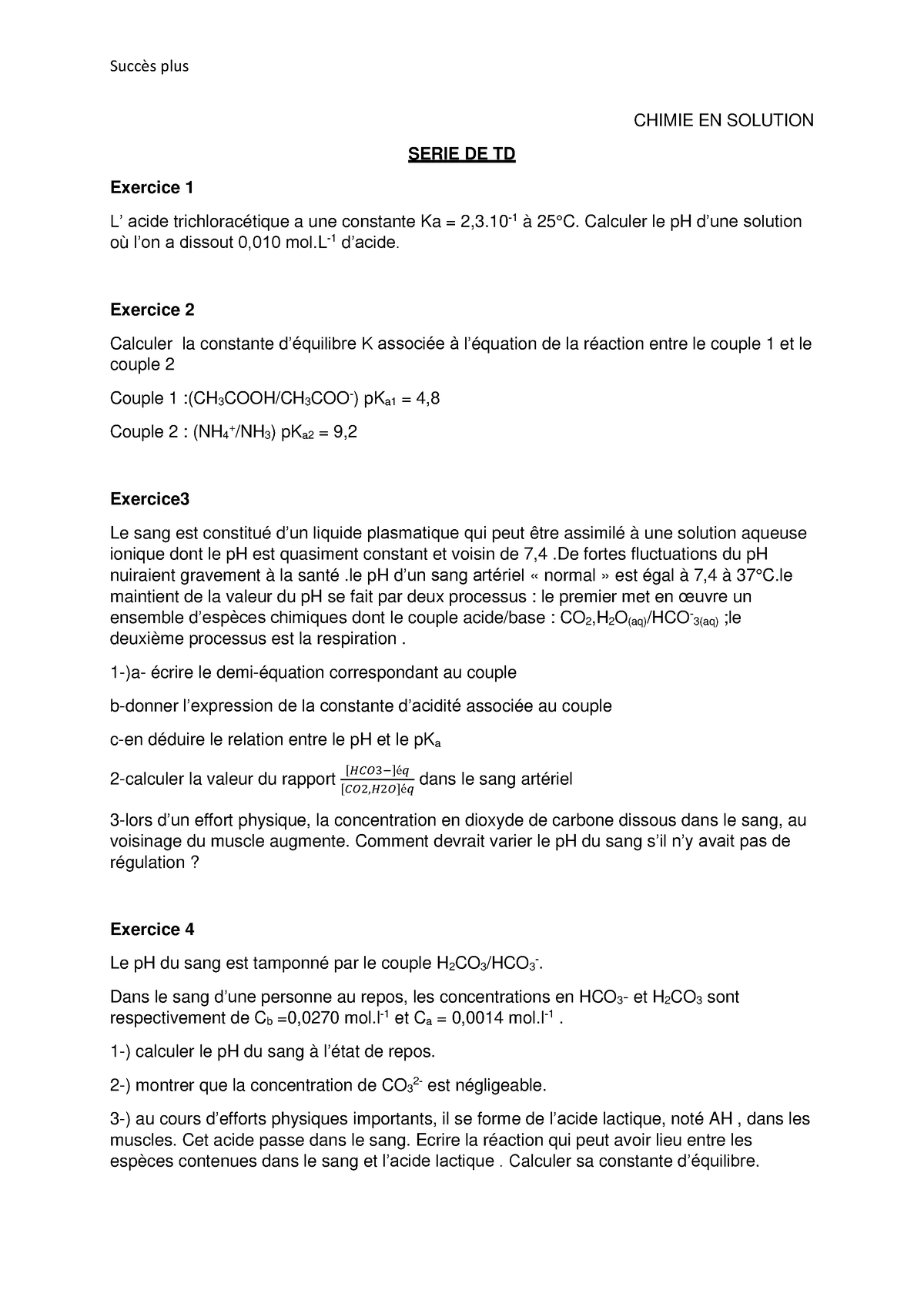 Td S Rie R Actions Acides Bases Succ S Plus Chimie En Solution Serie De Td Exercice L