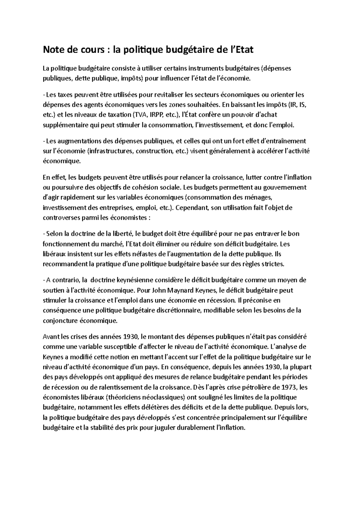 Note de cours : la politique budgétaire de l’Etat - Note de cours : la ...