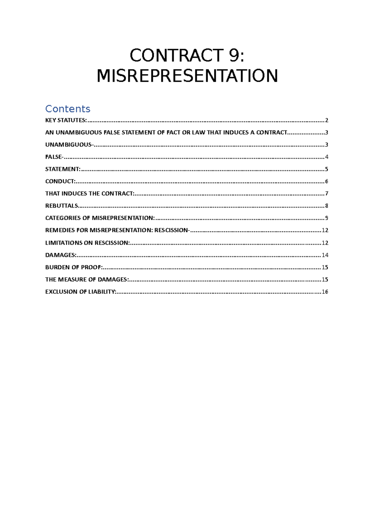 Misrepresentation Case Law - CONTRACT 9: MISREPRESENTATION KEY STATUTES ...