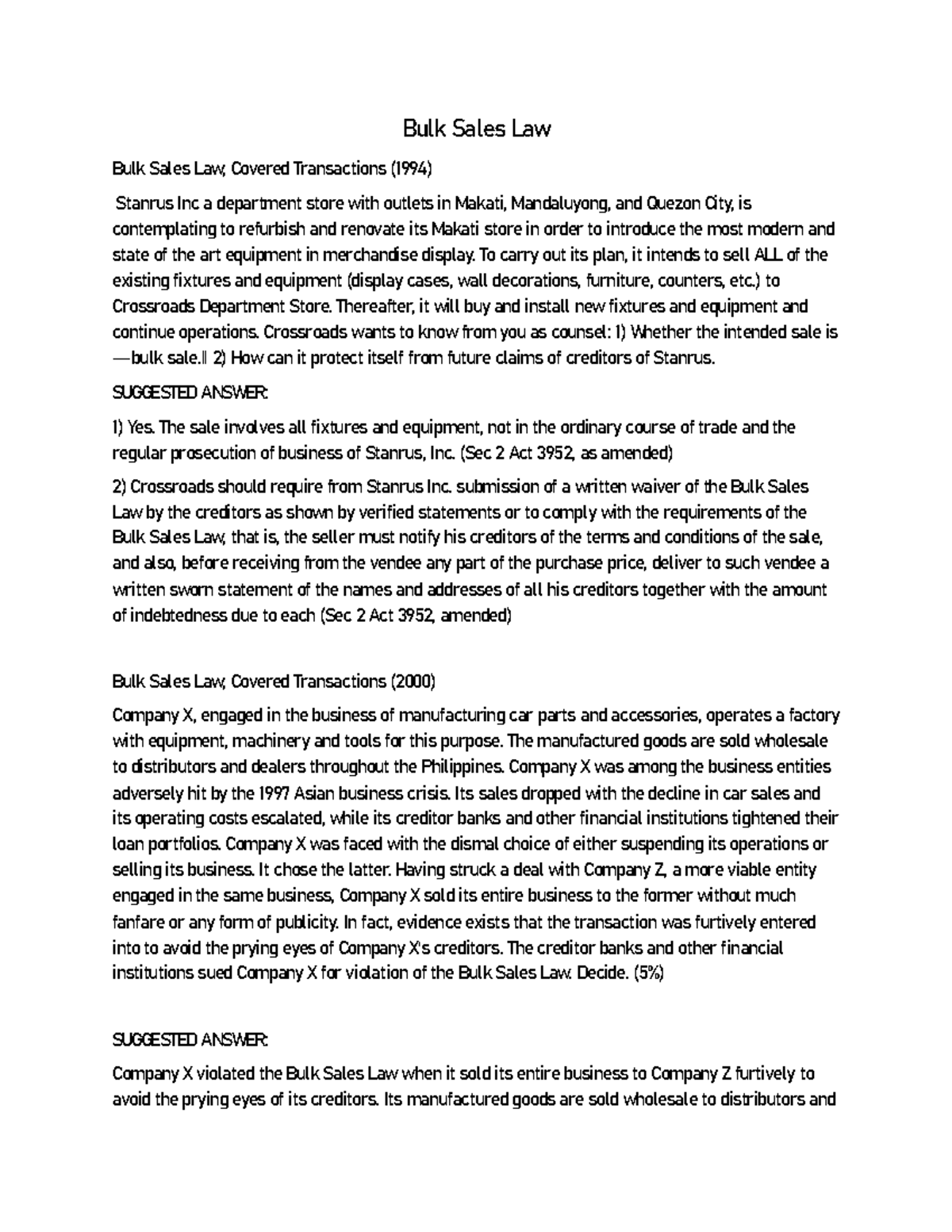 Bulk Sales Law Bulk Sales Law Bulk Sales Law; Covered Transactions (1994) Stanrus Inc a