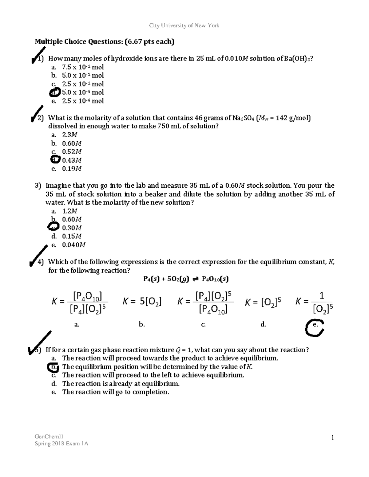 Exam1s18 - past exam from 2018 - CHEM 104 - Hunter College - StuDocu