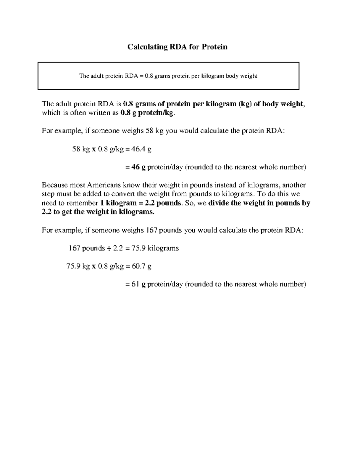 Nutr150 W06 Calculating Adult Protein Rda Calculating Rda For Protein The Adult Protein Rda Is