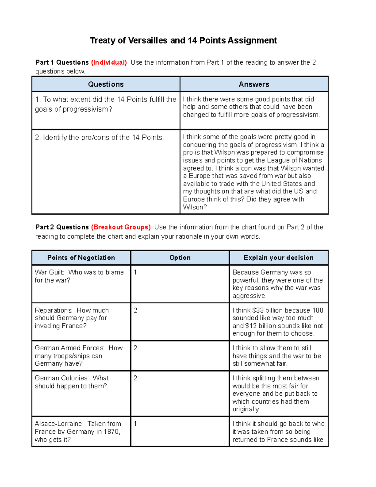 Treaty Of Versailles And 14 Points Assignment Treaty Of Versailles 