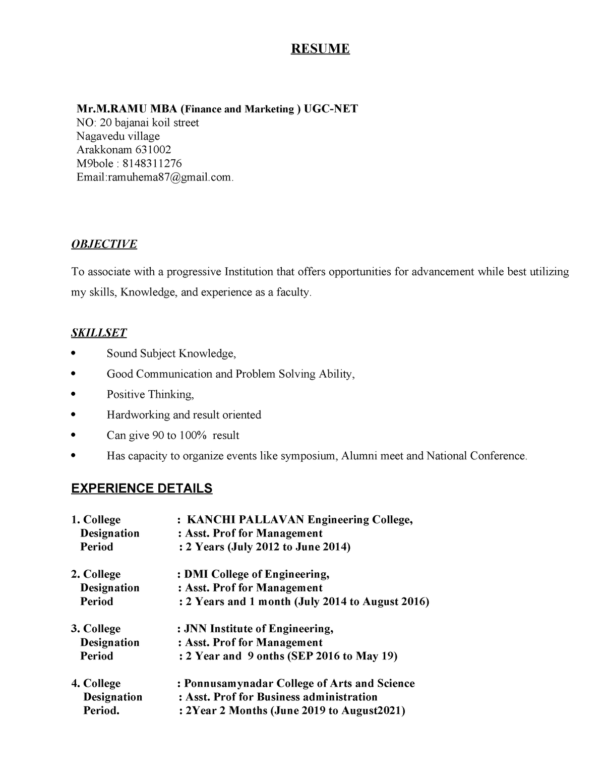 Resume - RESUME Mr.M MBA (Finance and Marketing ) UGC-NET NO: 20 ...