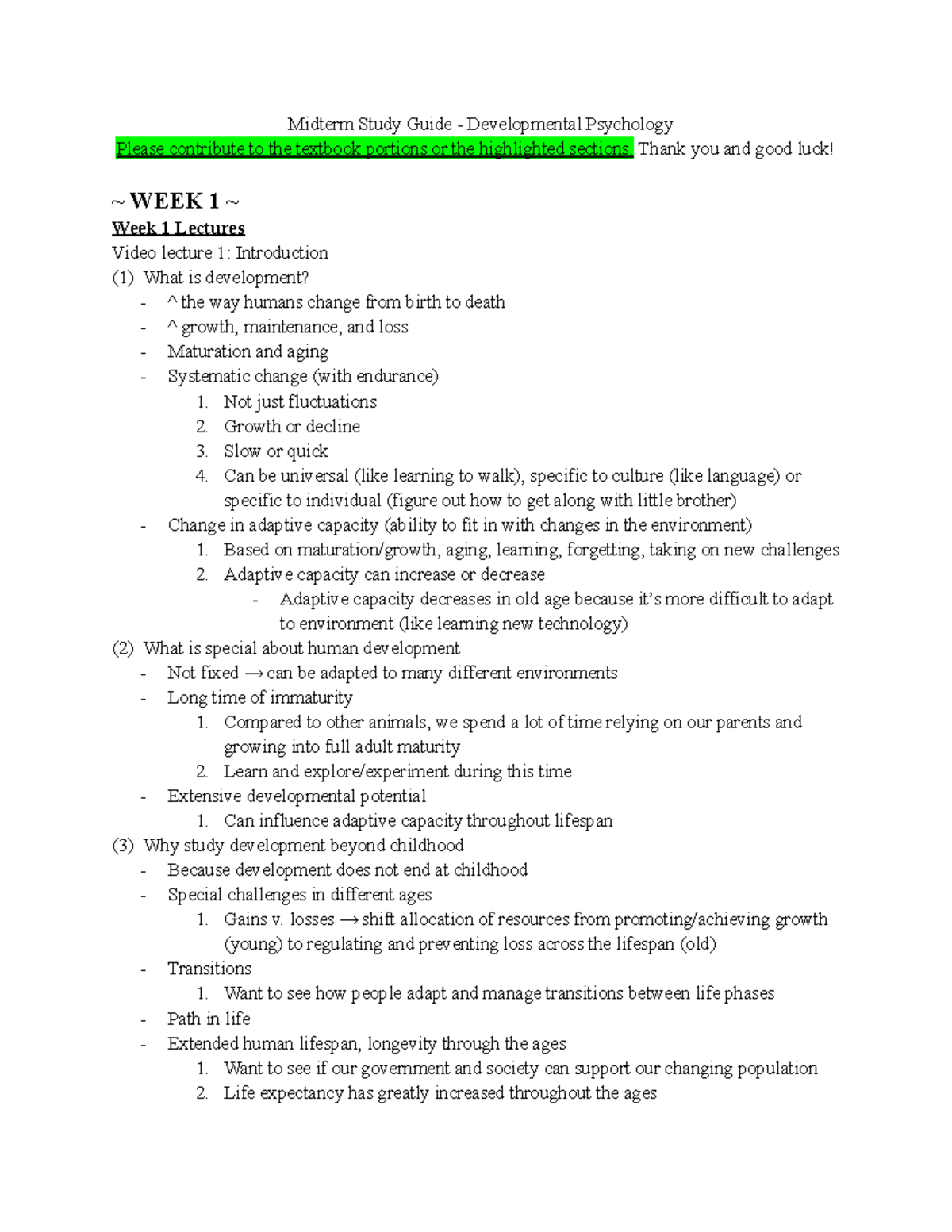 Midterm Study Guide Part 1 - Midterm Study Guide - Developmental ...