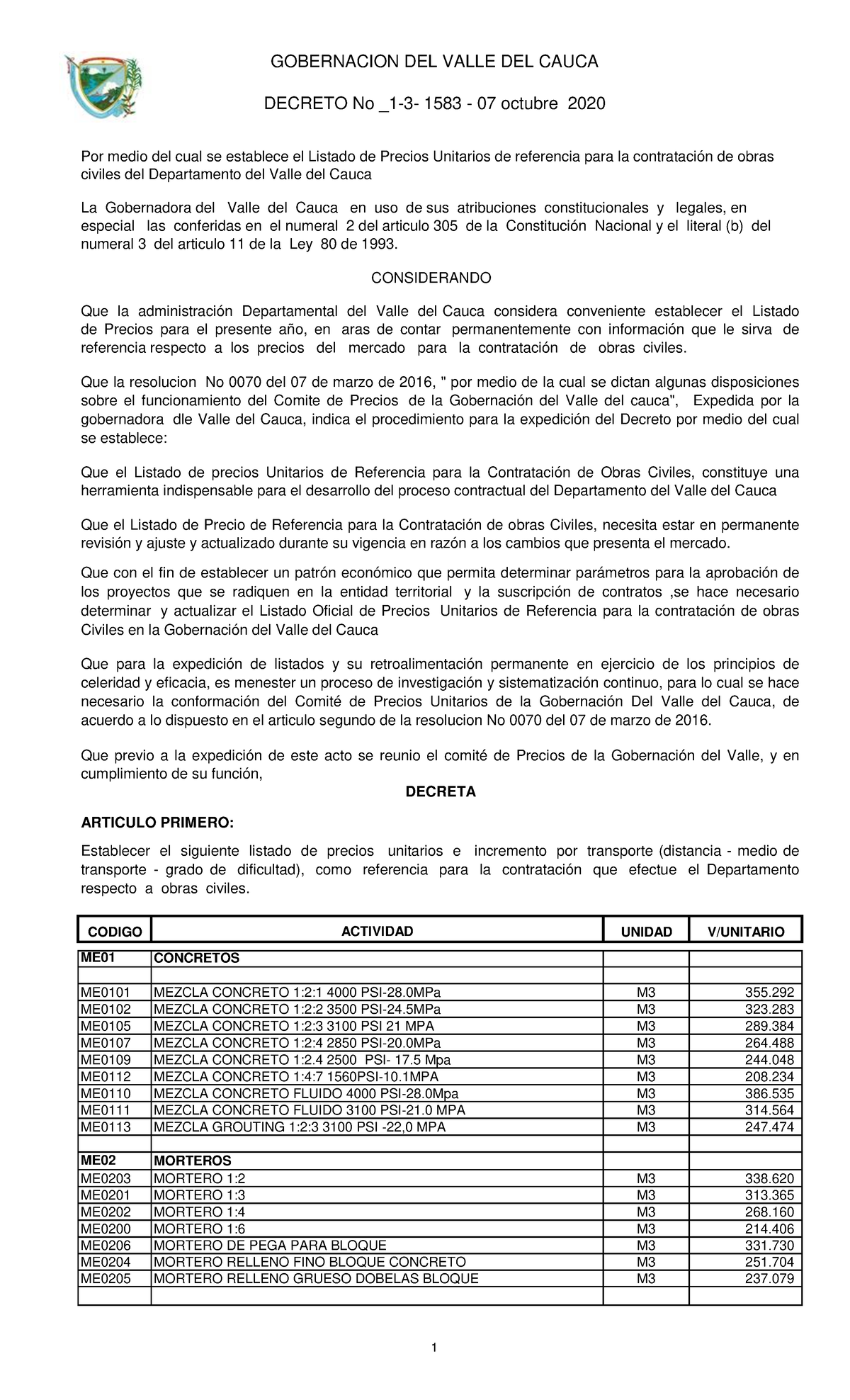 Listado de precios 202010 07 Gobernacion del Valle DECRETO No _13