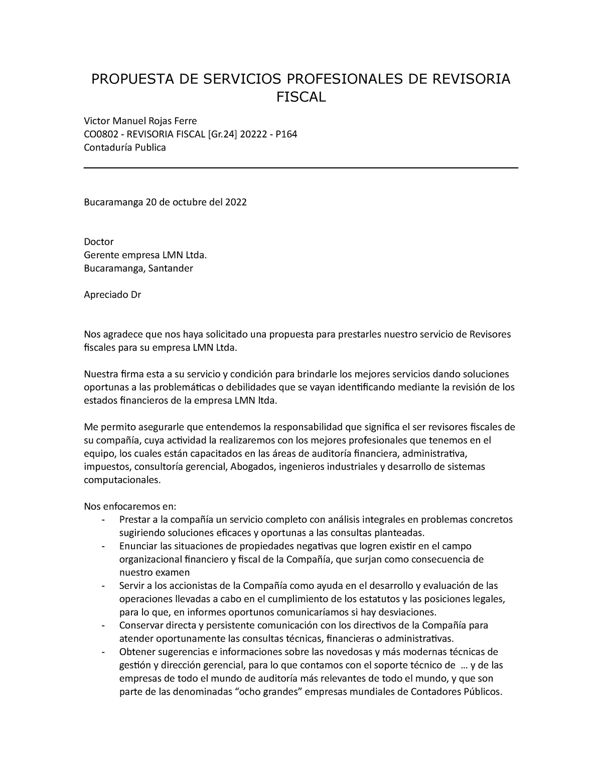 Propuesta De Servicios Profesionales De Revisoria Fiscal Propuesta De