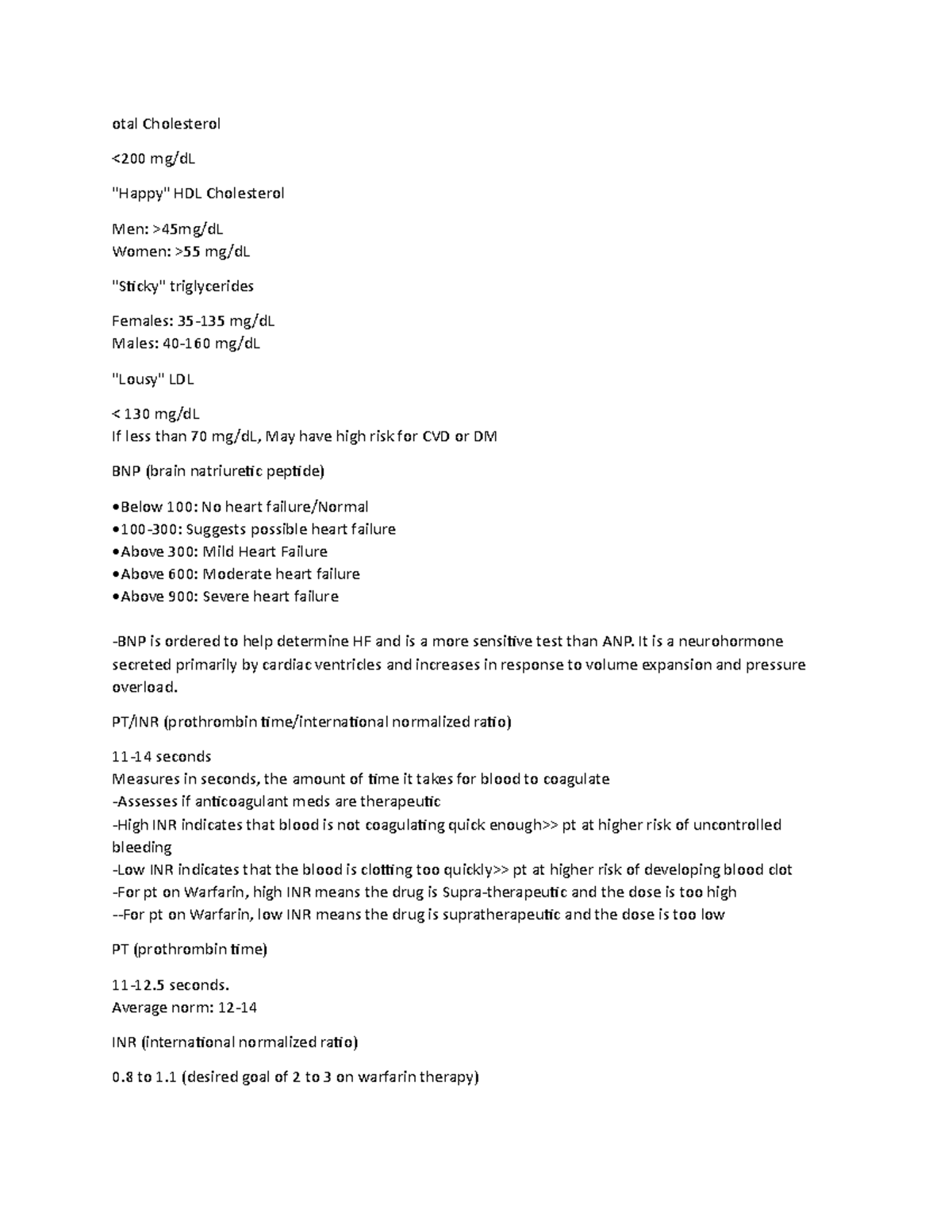 Cardiac lab values - NOTES - otal Cholesterol