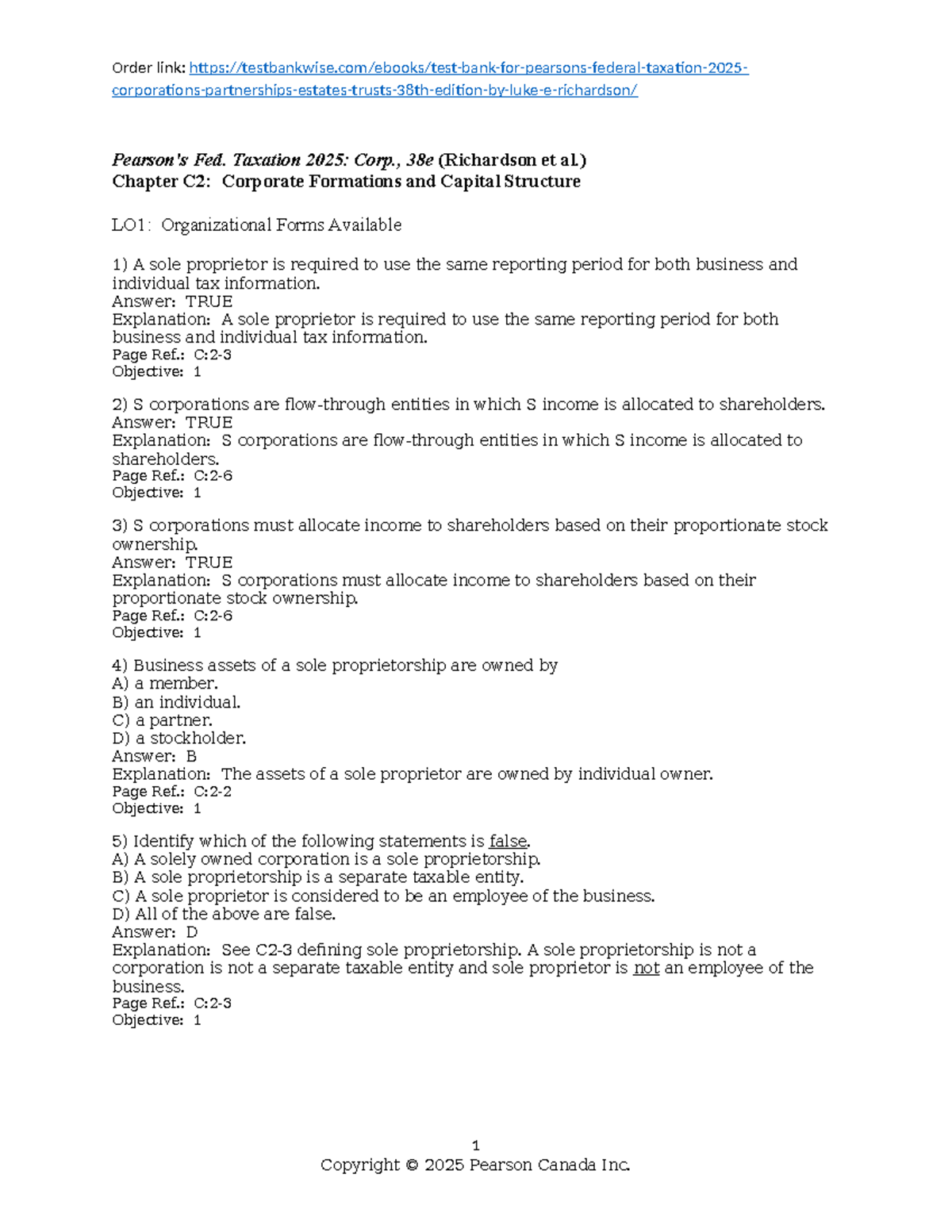 Test Bank For Pearson’s Federal Taxation 2025 Corporations ...