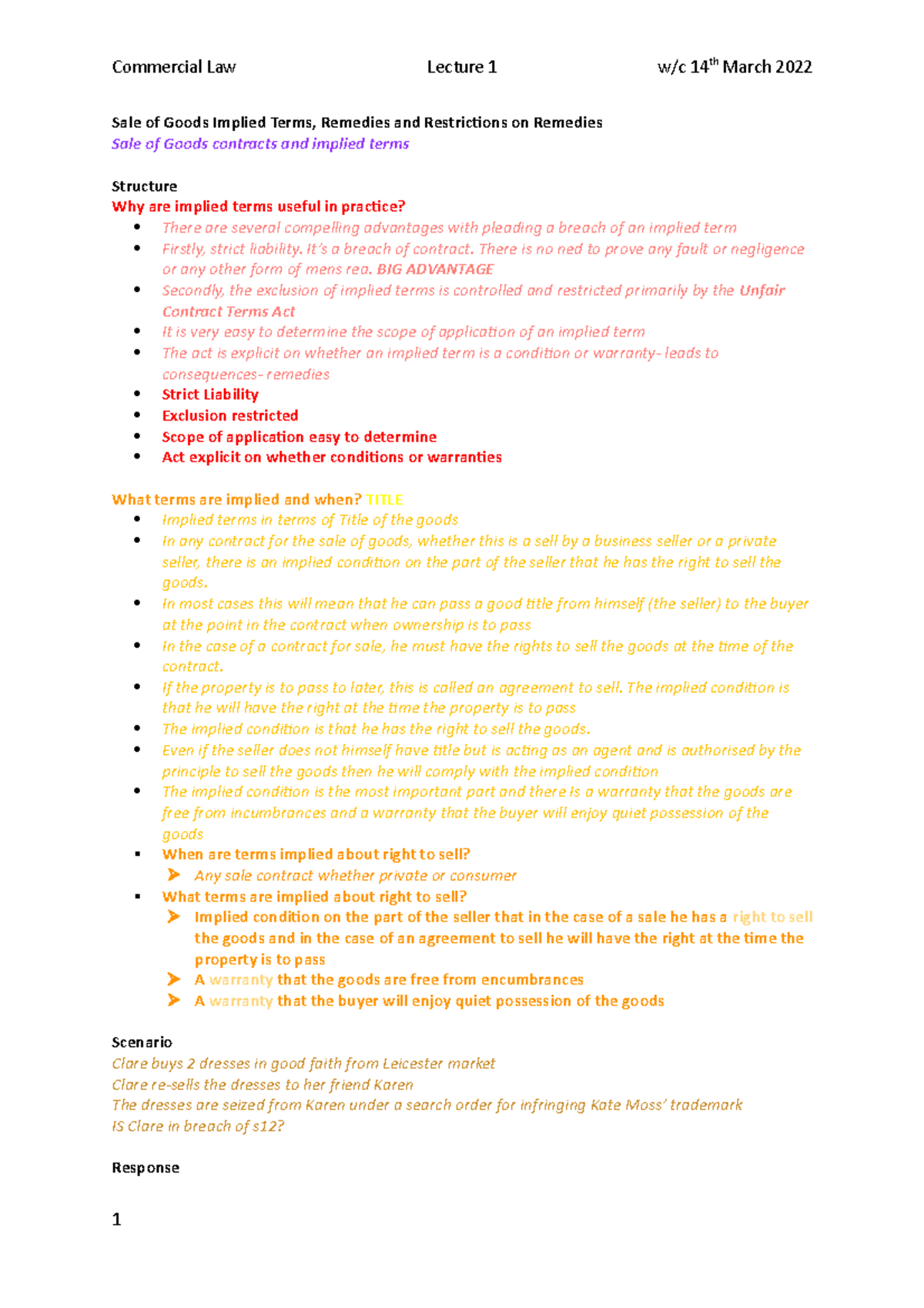Commerical Law 1 - Lecture notes - Sale of Goods Implied Terms ...