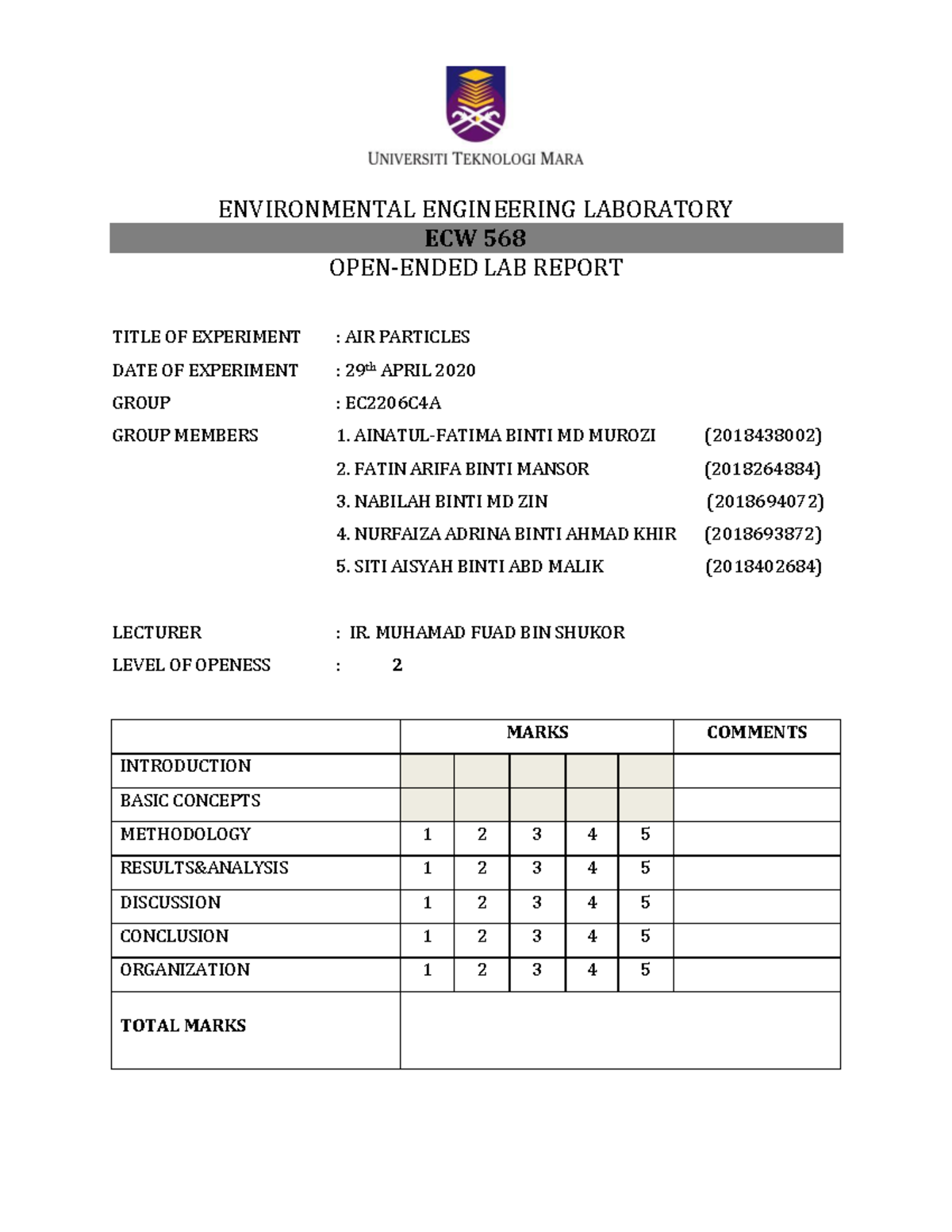 Air Particles Lab Report (Level 2) Environmental Engineering Laboratory Warning TT