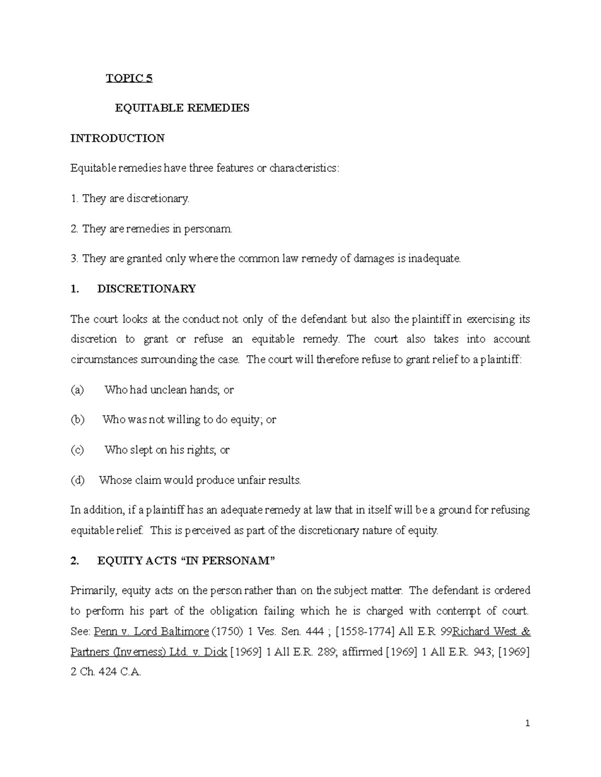 Equity Remedy Topic 5 - Law - TOPIC 5 EQUITABLE REMEDIES INTRODUCTION ...