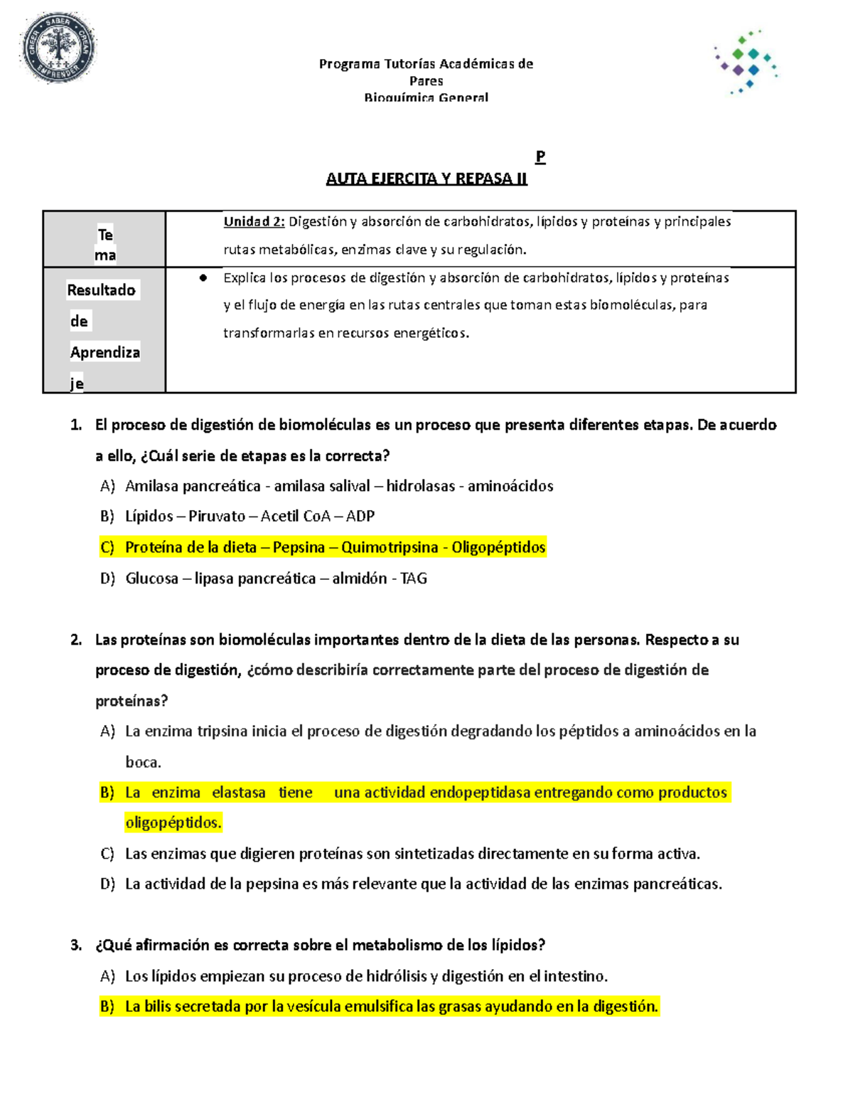 Guía Ejercita y Repasa II - P AUTA EJERCITA Y REPASA II Te ma Unidad 2 ...