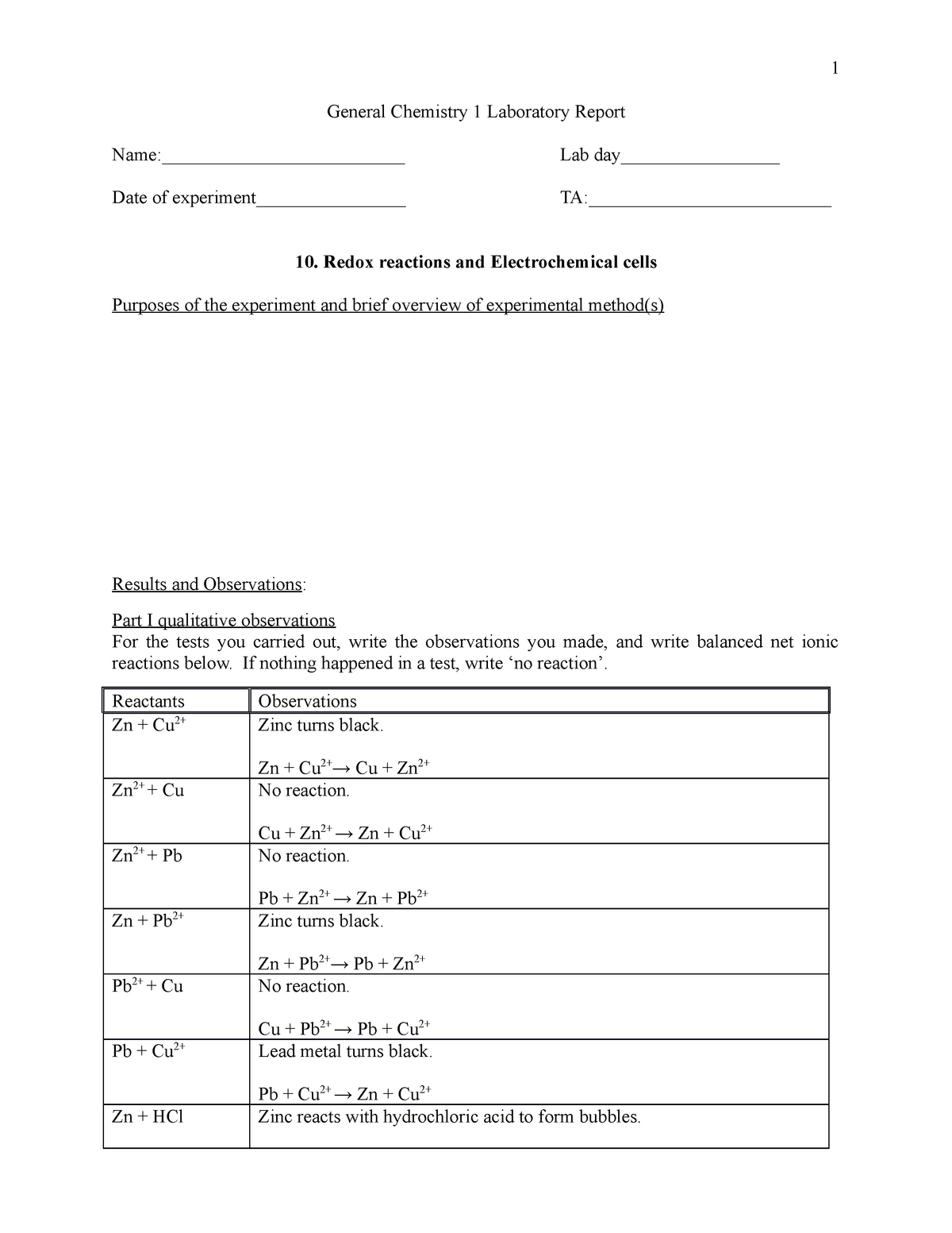 Lab Report Ex 10 Redox Reactions Electrochemical cells General