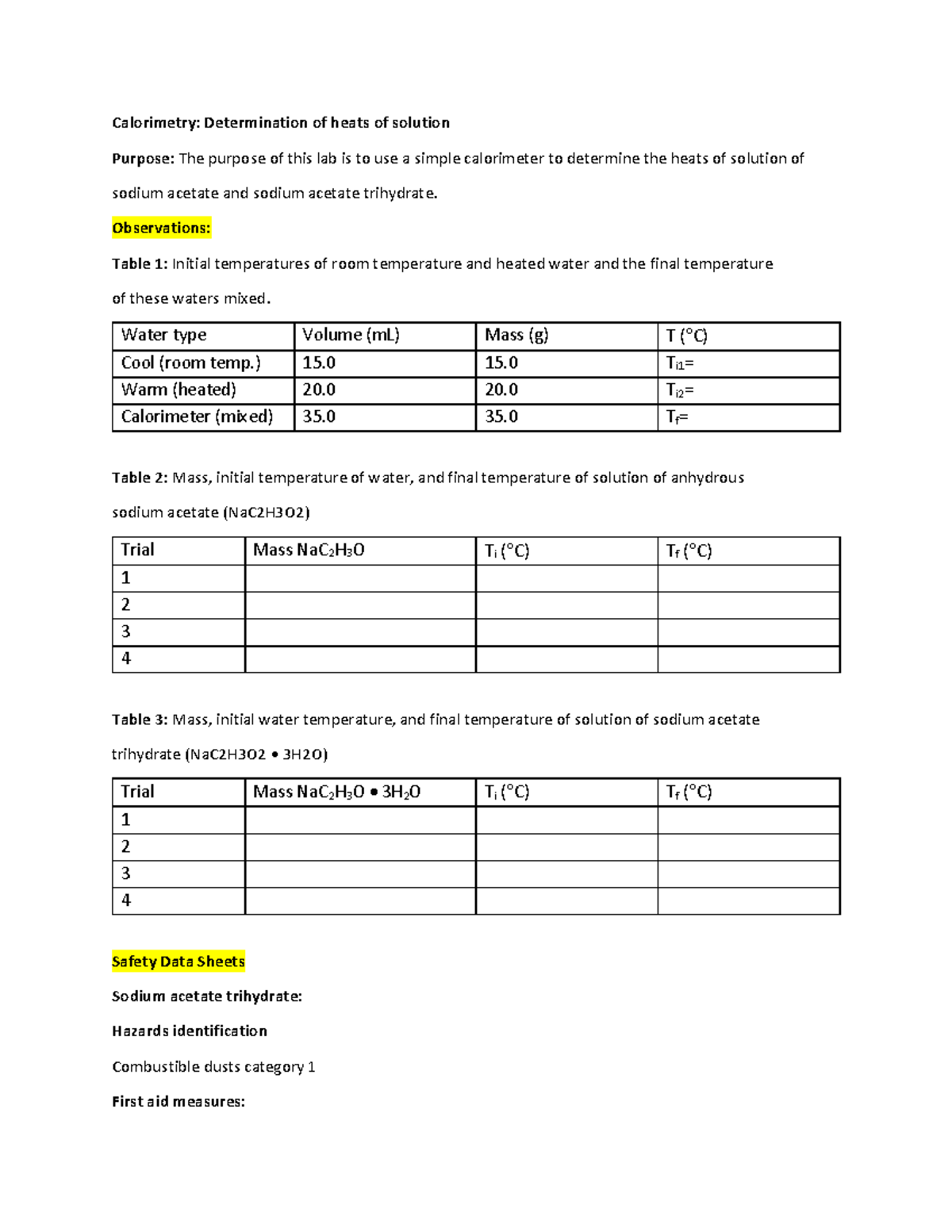 Calorimetry prelab pre lab Calorimetry Determination of heats of