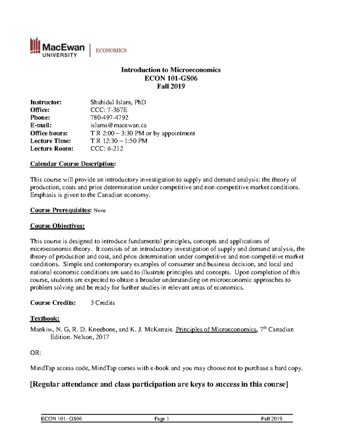 Econ 101 syllabus - Introduction to Microeconomics ECON 101-GS 06 Fall ...