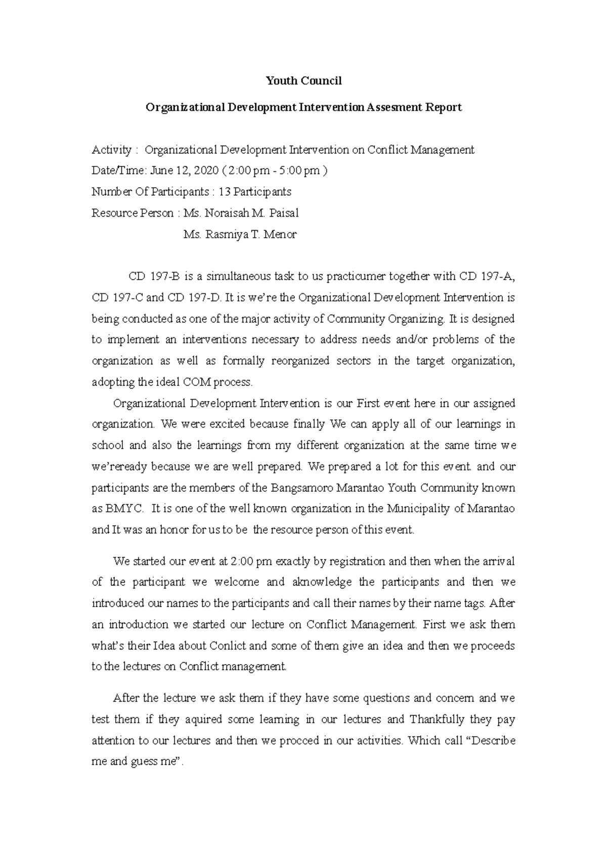 Organizational Development Intervention Assessment Report - Youth ...