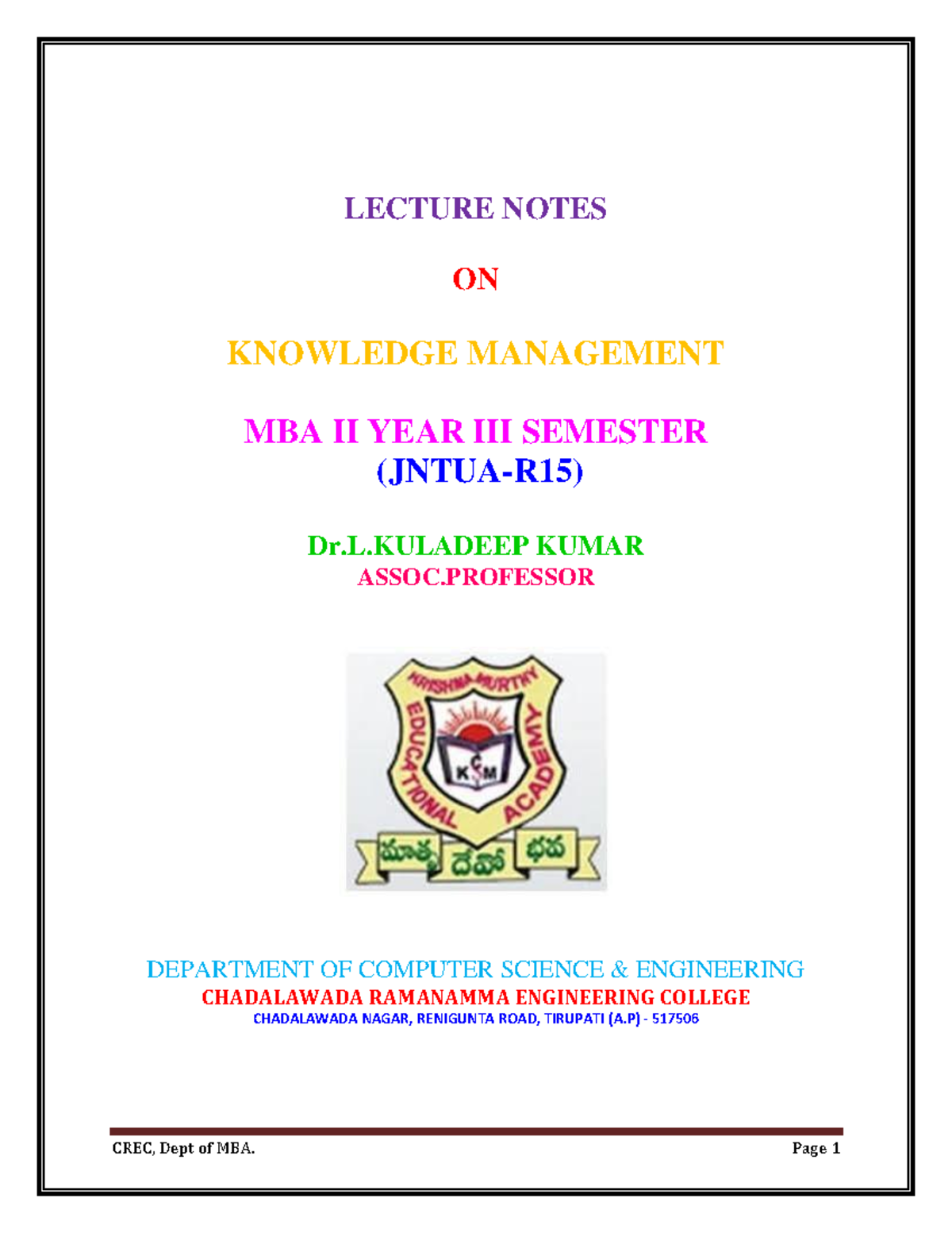 KM MBA 3rd Sem Material LECTURE NOTES ON KNOWLEDGE MANAGEMENT MBA