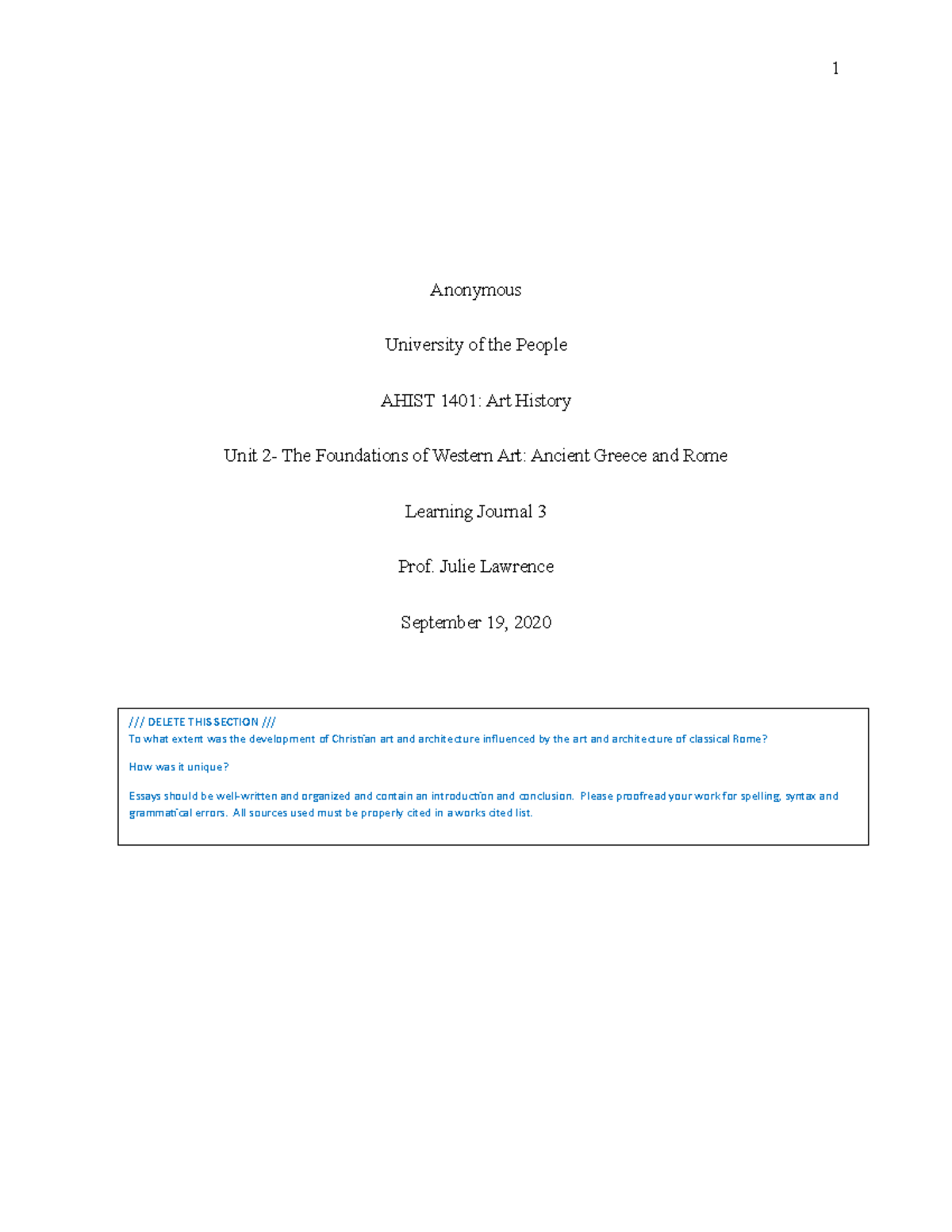 AHIST 1401 - Learning Journal 3 - Anonymous University of the People ...