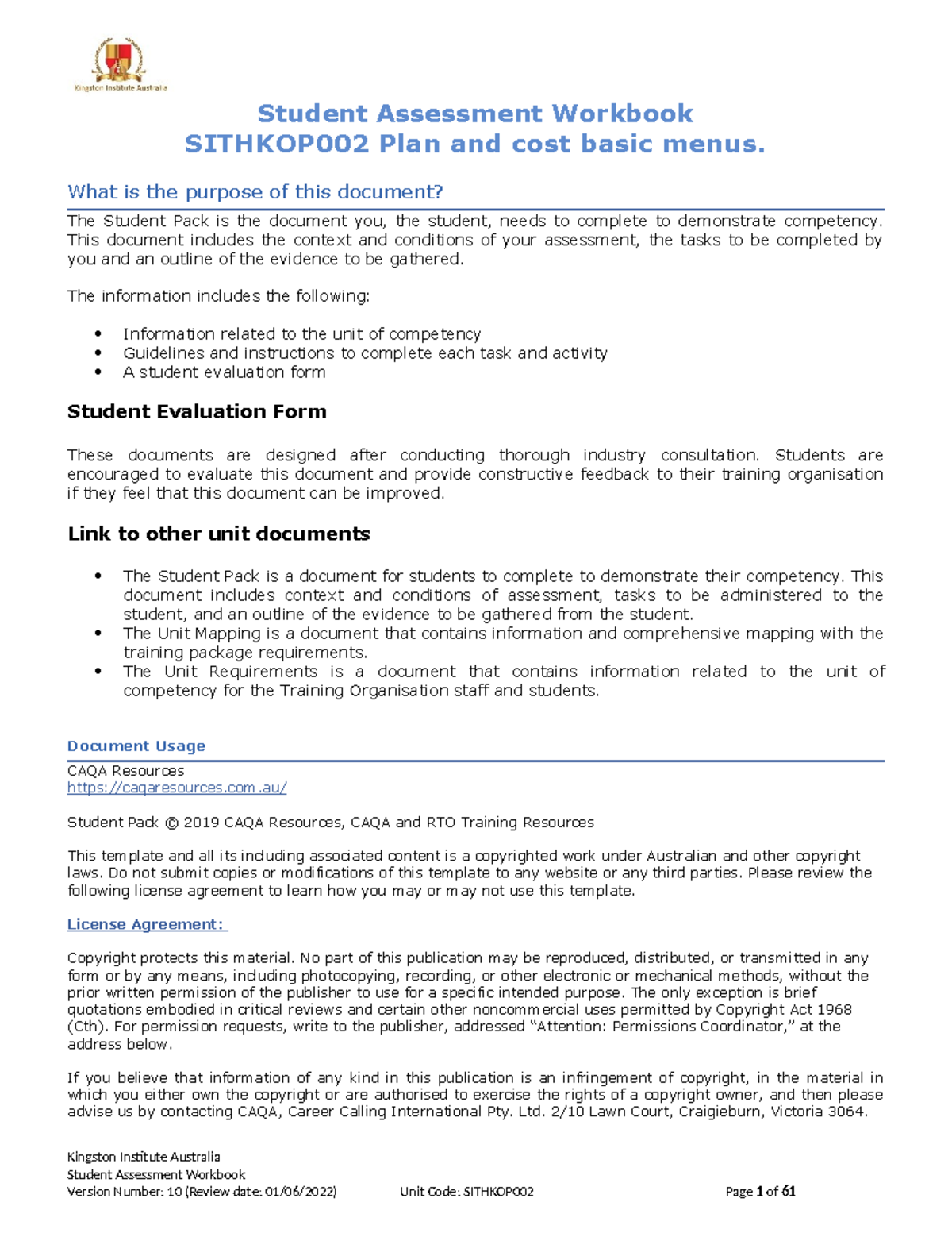 Sithkop 002 Student Assessment Workbook V10 - SITHKOP002 Plan And Cost ...