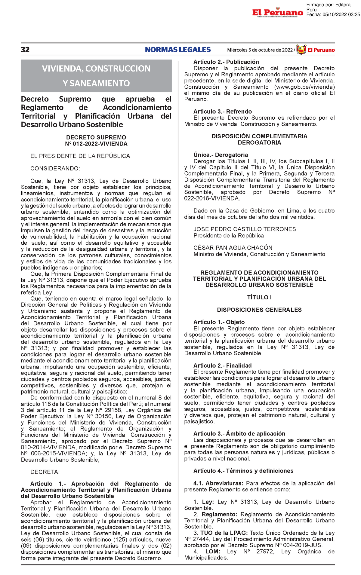 Decreto Supremo Que Aprueba El Reglamento De Acondicionamien Decreto ...