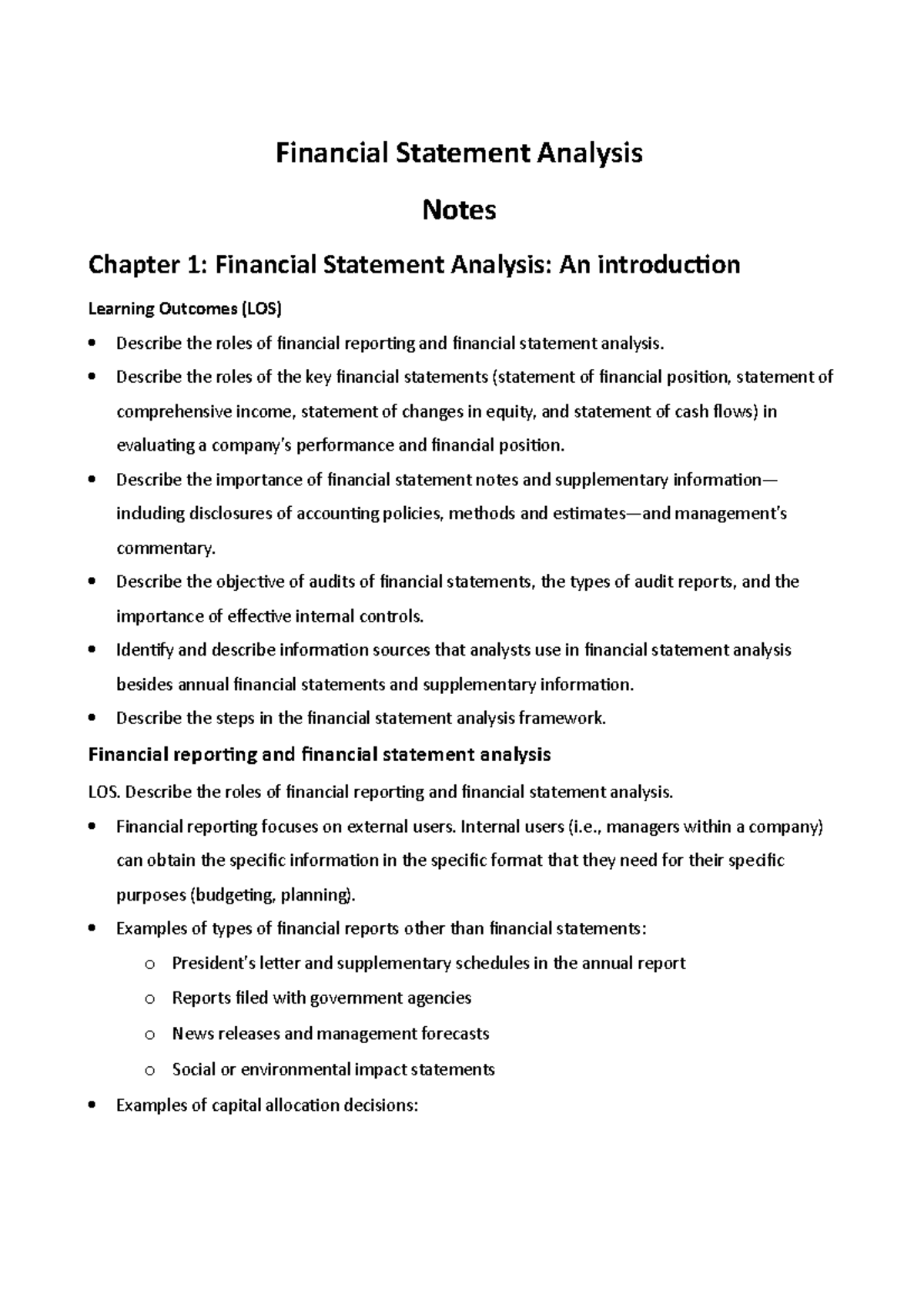 Financial Statement Analysis Notes - Financial Statement Analysis Notes ...