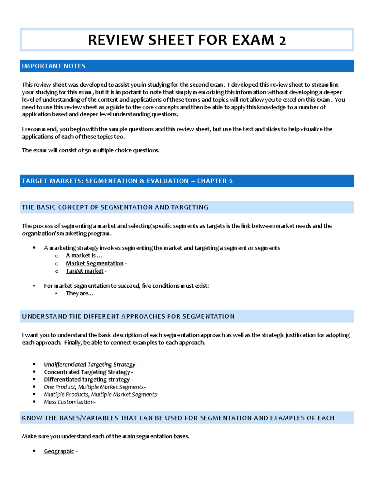 MKT 300 - Exam 2 - Review Sheet v2 - REVIEW SHEET FOR EXAM 2 IMPORTANT ...